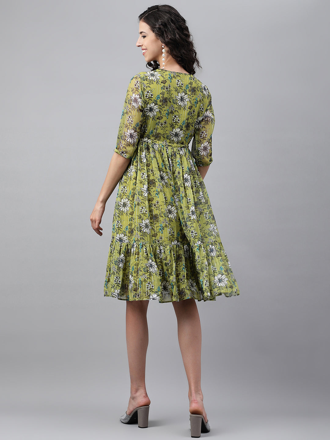 Janasya Women's Olive Green Chiffon Lurex Floral Printed Flared Casual Dress