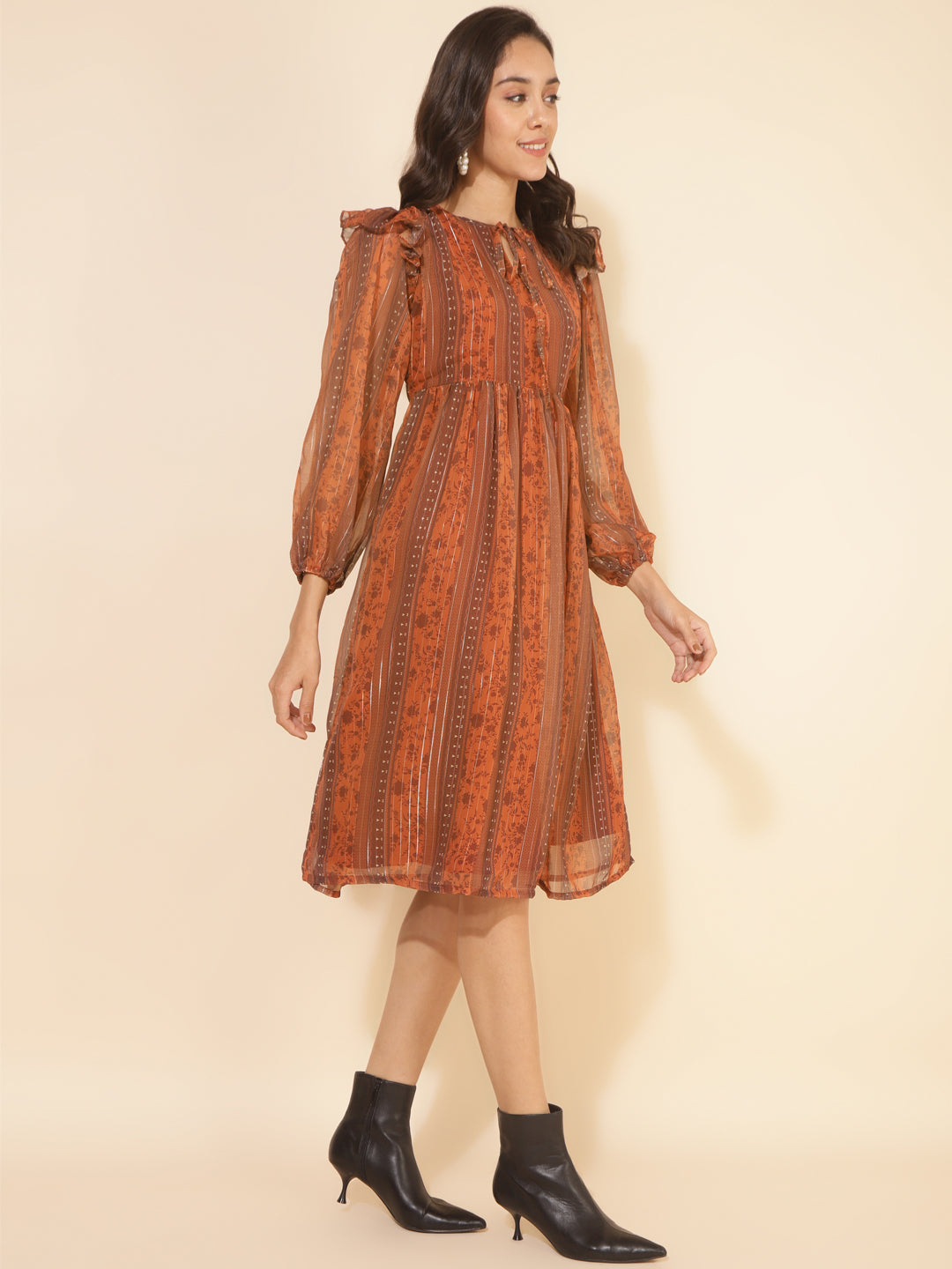 Janasya Women's Rust Chiffon Lurex Floral Printed Casual Dress