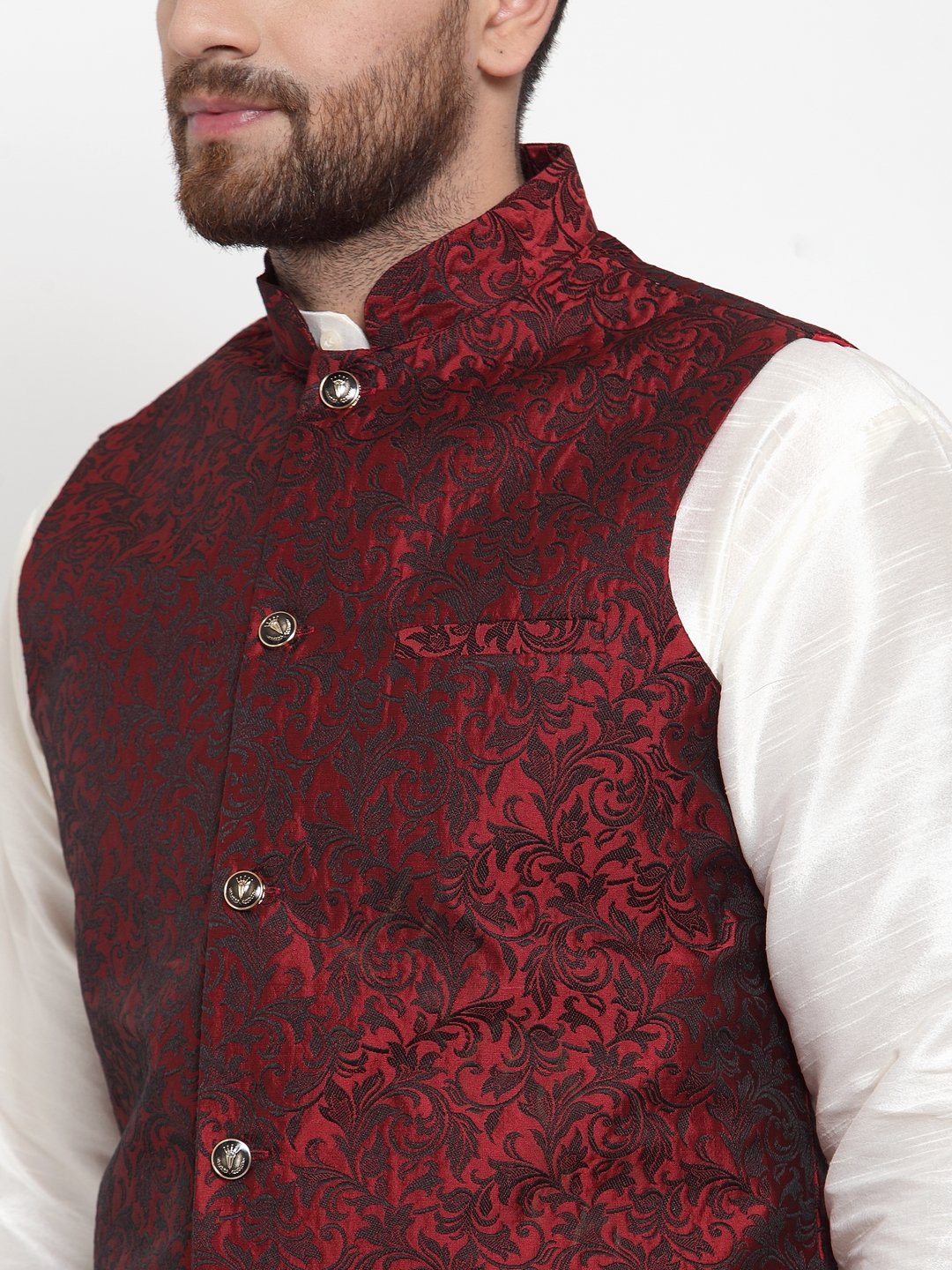 Jompers Men Maroon-Coloured & Black Woven Design Nehru Jacket