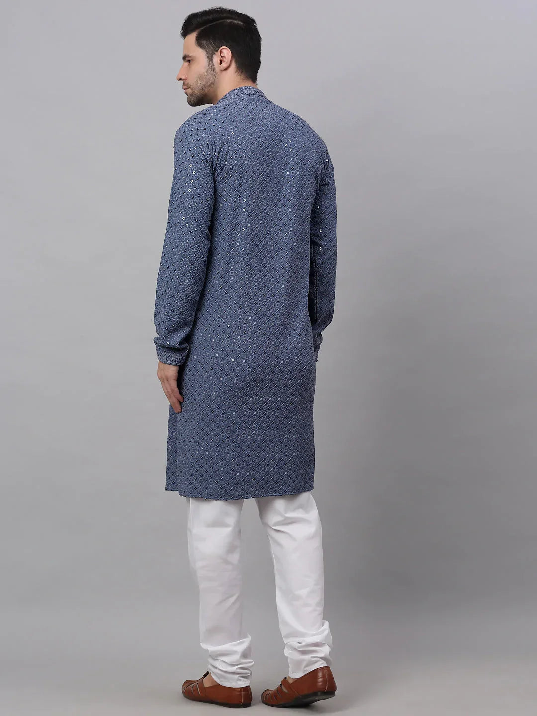 Jompers Men's Grey Chikankari Embroidered and Sequence Kurta with Churidar