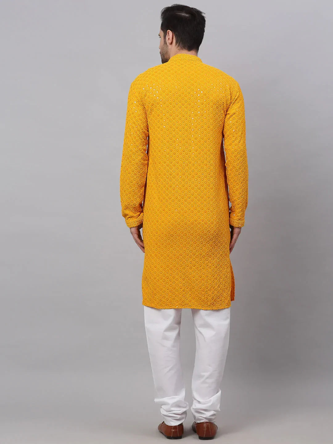 Jompers Men's Mustard Chikankari Embroidered and Sequence Kurta with Churidar