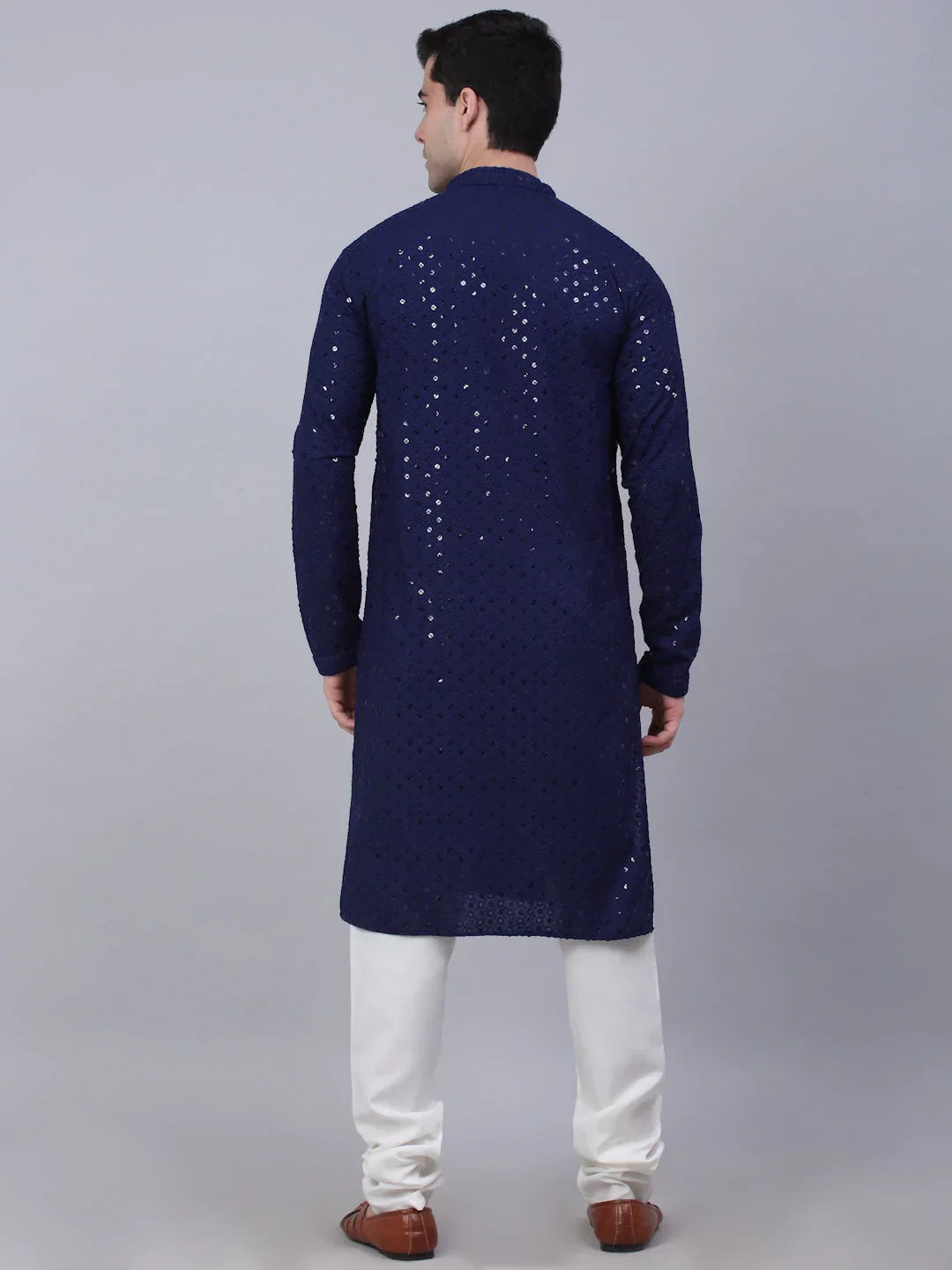 Jompers Men's Navy Blue Chikankari Embroidered and Sequence Kurta with Churidar