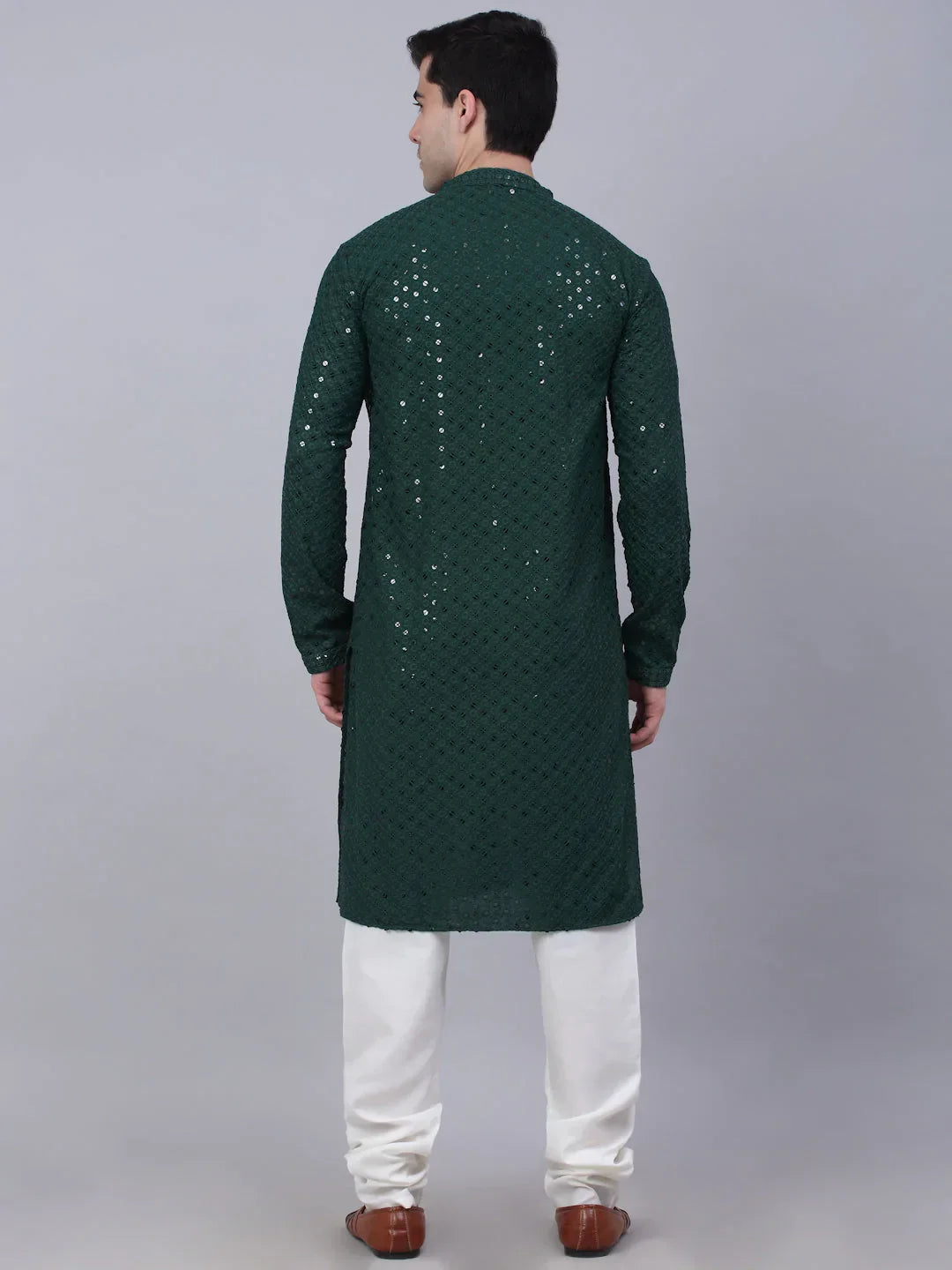 Jompers Men's Olive Green Chikankari Embroidered and Sequence Kurta with Churidar