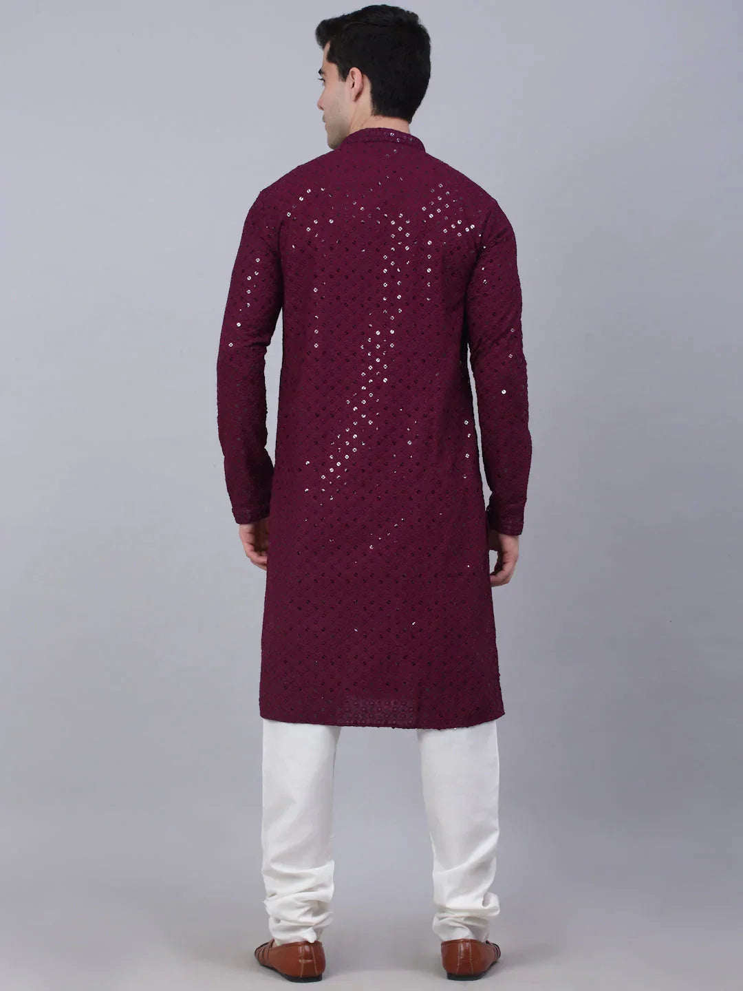 Jompers Men's Purple Chikankari Embroidered and Sequence Kurta with Churidar