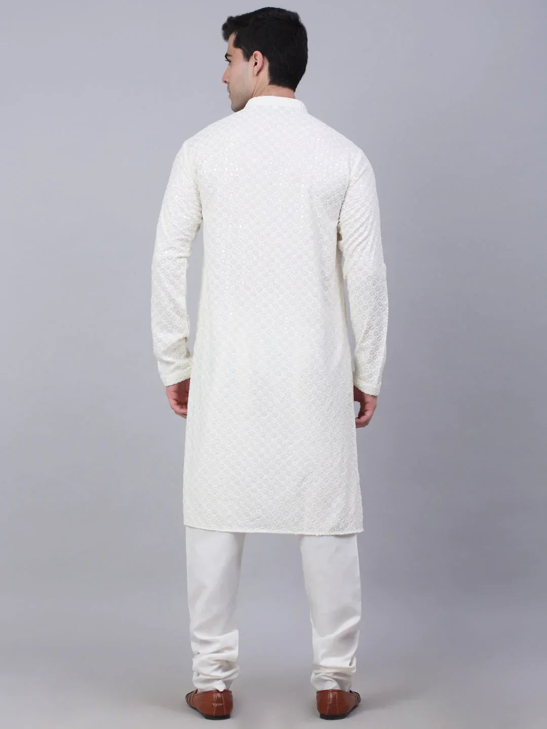 Jompers Men's White Chikankari Embroidered and Sequence Kurta with Churidar