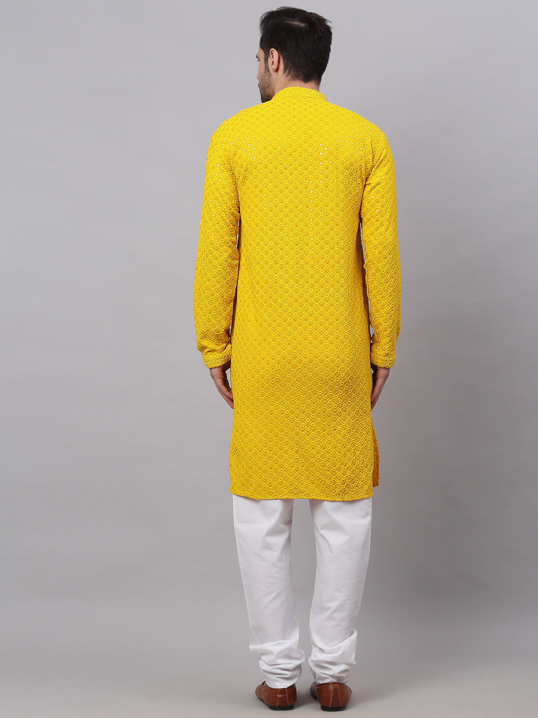 Jompers Men's Yellow Chikankari Embroidered and Sequence Kurta with Churidar