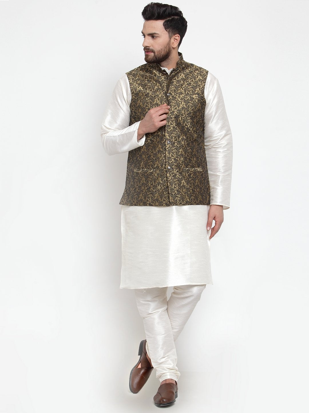Jompers Men Gold-Coloured & Black Woven Design Nehru Jacket