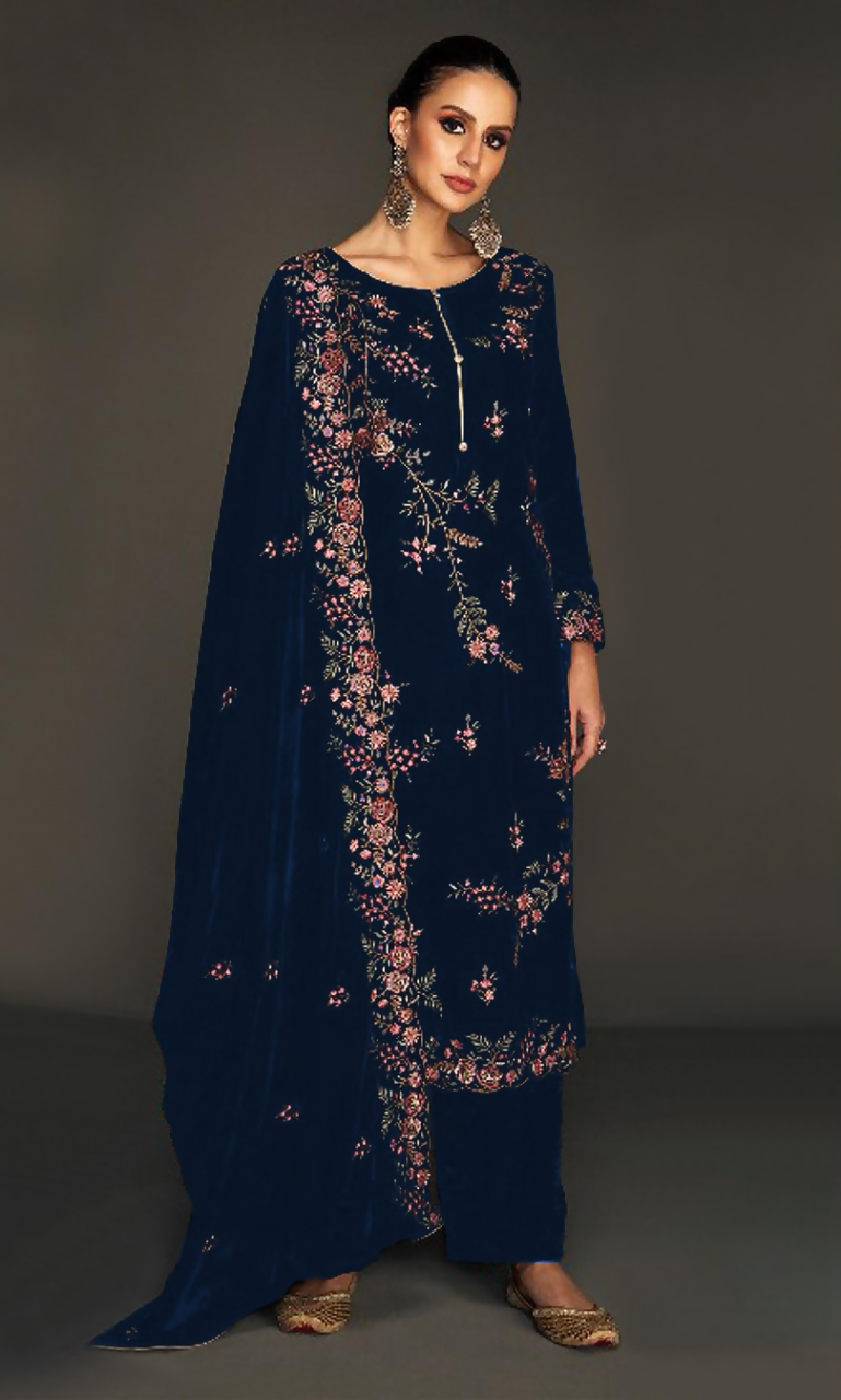 Anaita Navy Pure Velvet Stitched Suit with Heavy Embroidery Sequence Work