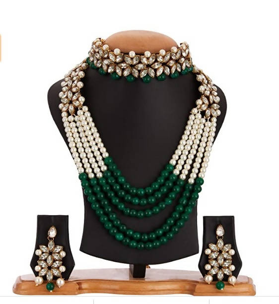 Mominos Fashion Rajwadi Gold-Polished With Stone & Green Pearls Necklace Combo Set