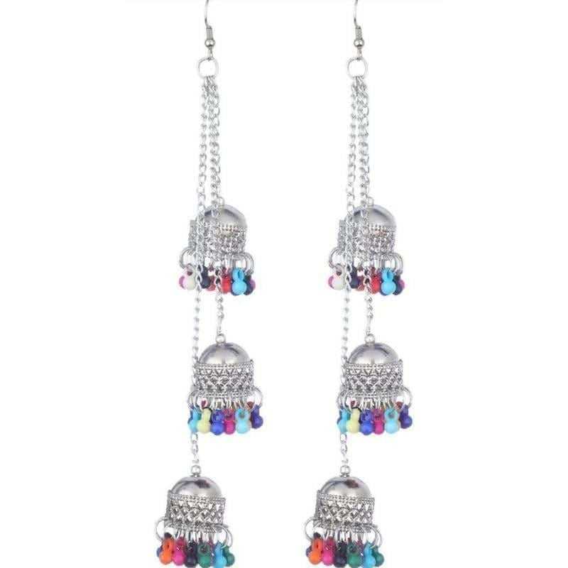 MS Fashion India Antique Triple Afghani Kashmiri Tribal Oxidized Long Chain Jhumka Earrings