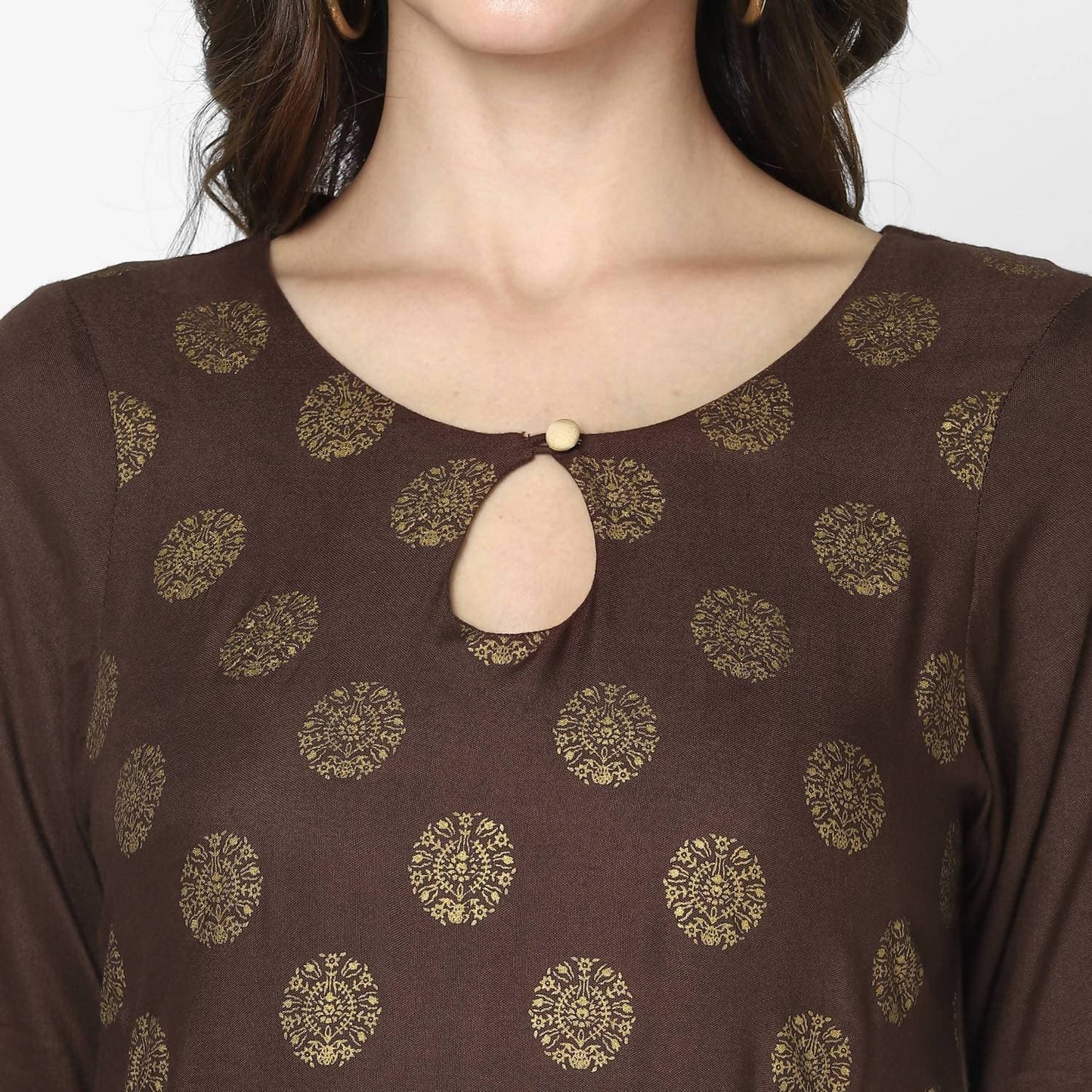 Indian Clothing Cheera Hand Block Print Brown A Line Kurta (MAAI-055K)