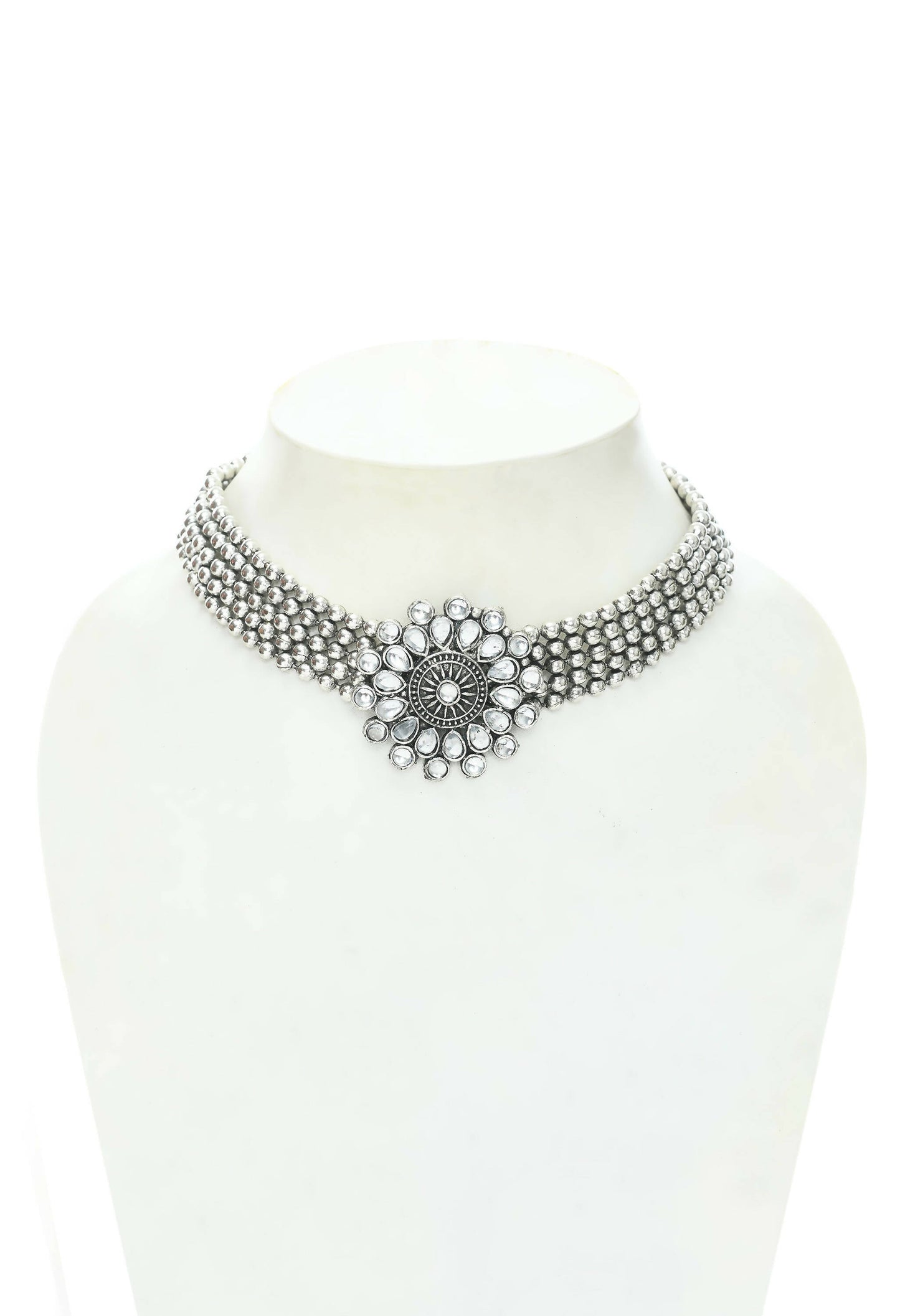 Mominos Fashion Johar Kamal Oxidised Silver-Plated Brass Finish Kundan Choker For Women (Silver)
