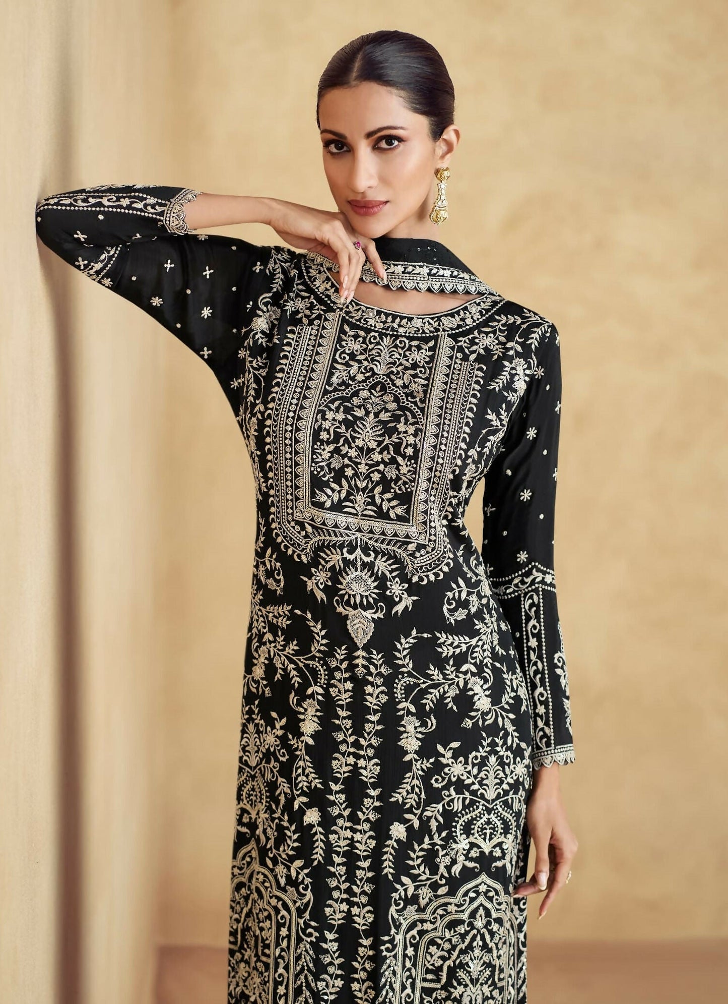 Anaita Black Premium Chinon Embroidered Sequin Work Ready Made Suit