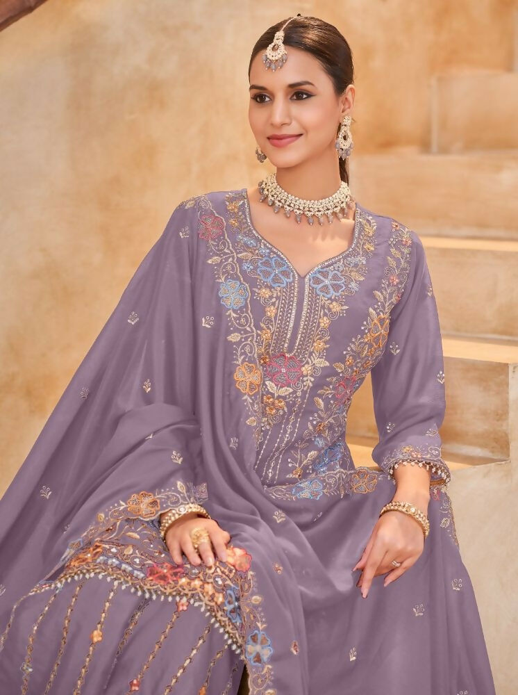 Anaita Lavender Vichitra Silk Readymade Palazzo Suit with Embroidery & Lace Work