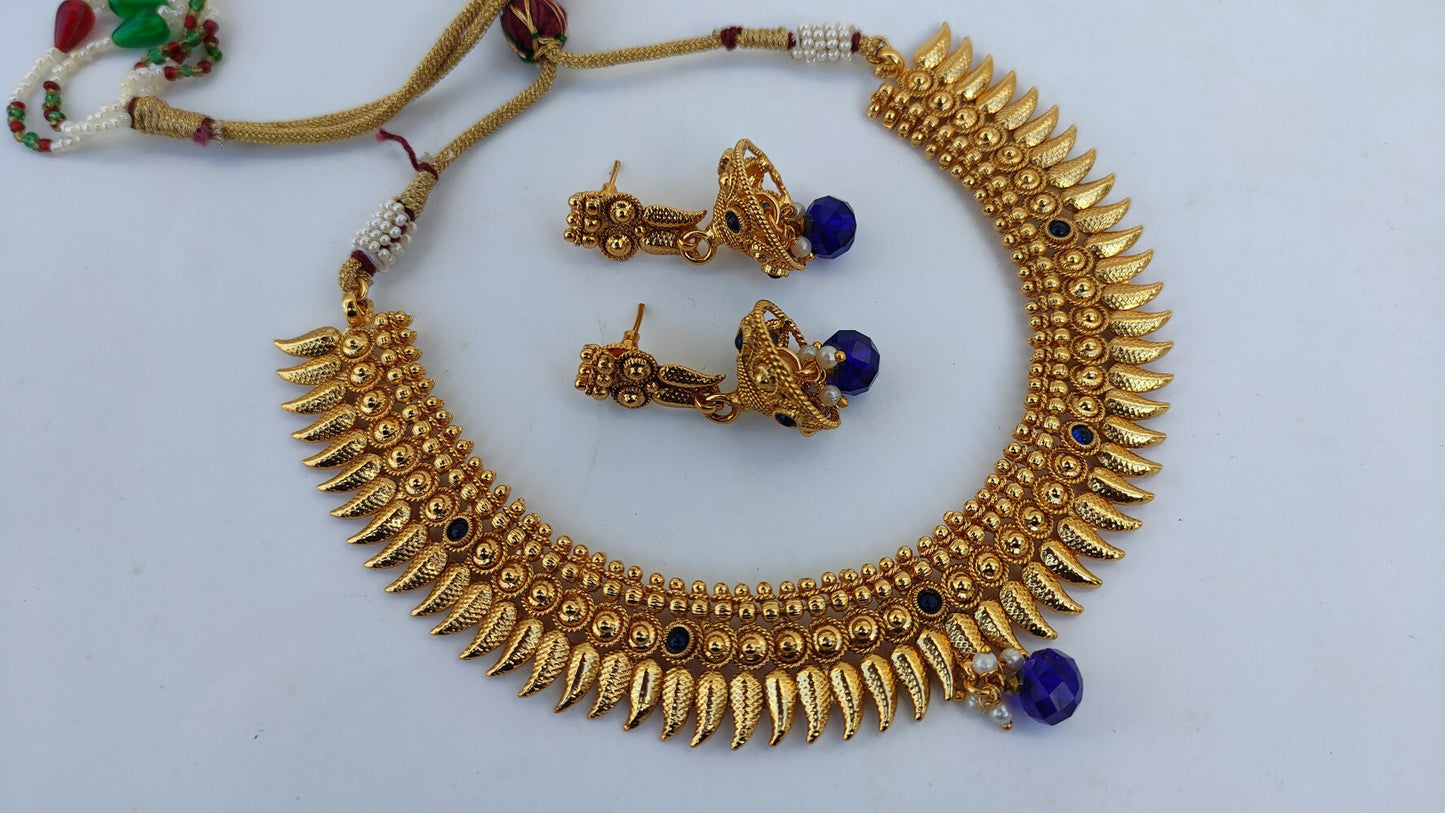 Metallic Necklace set with Blue Agate Stones