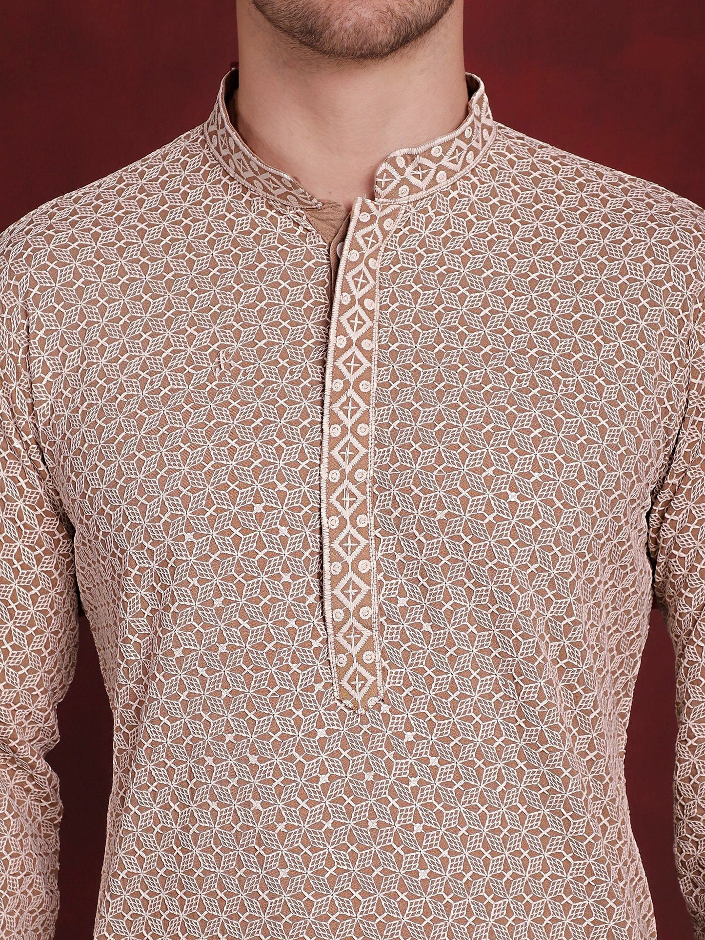Jompers Men's Sequin Embroidered Pure Cotton Kurta - Beige