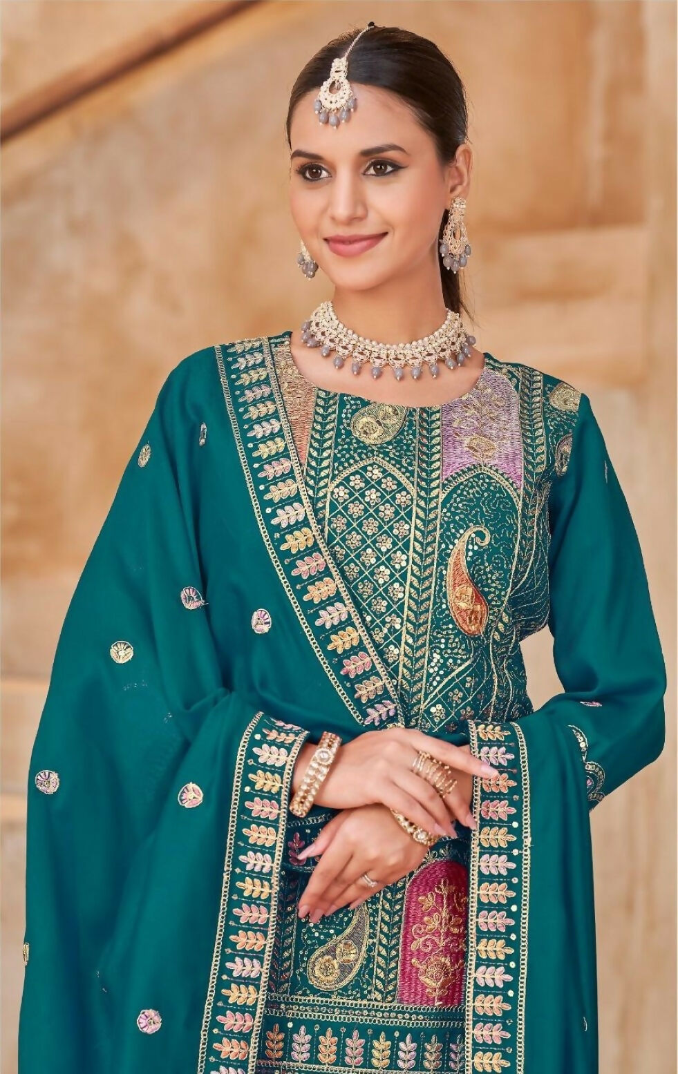 Anaita Teal Vichitra Silk Readymade Suit with Embroidery & Lace Work