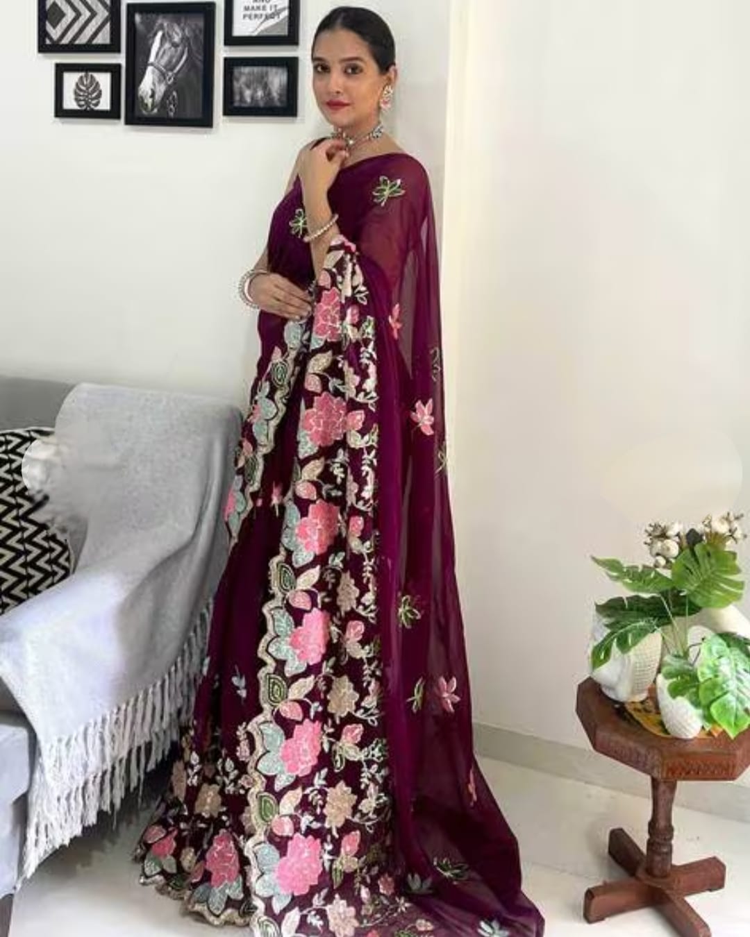 Vamika Embroidery Purple Georgette Bollywood Saree