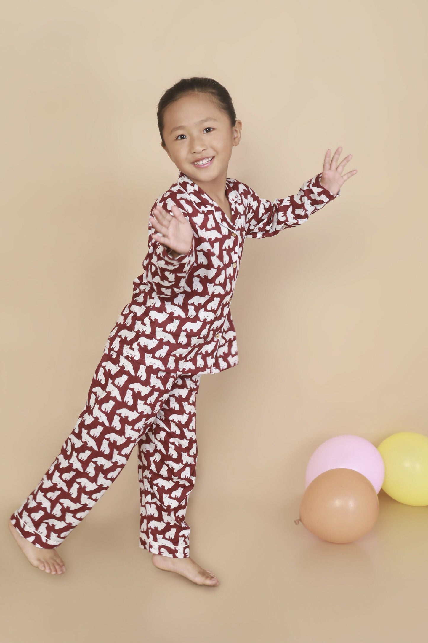 Breathables Kids Cotton Night Suit – Maroon Cat Print Shirt & Pyjama Co-Ord Set For Boys & Girls