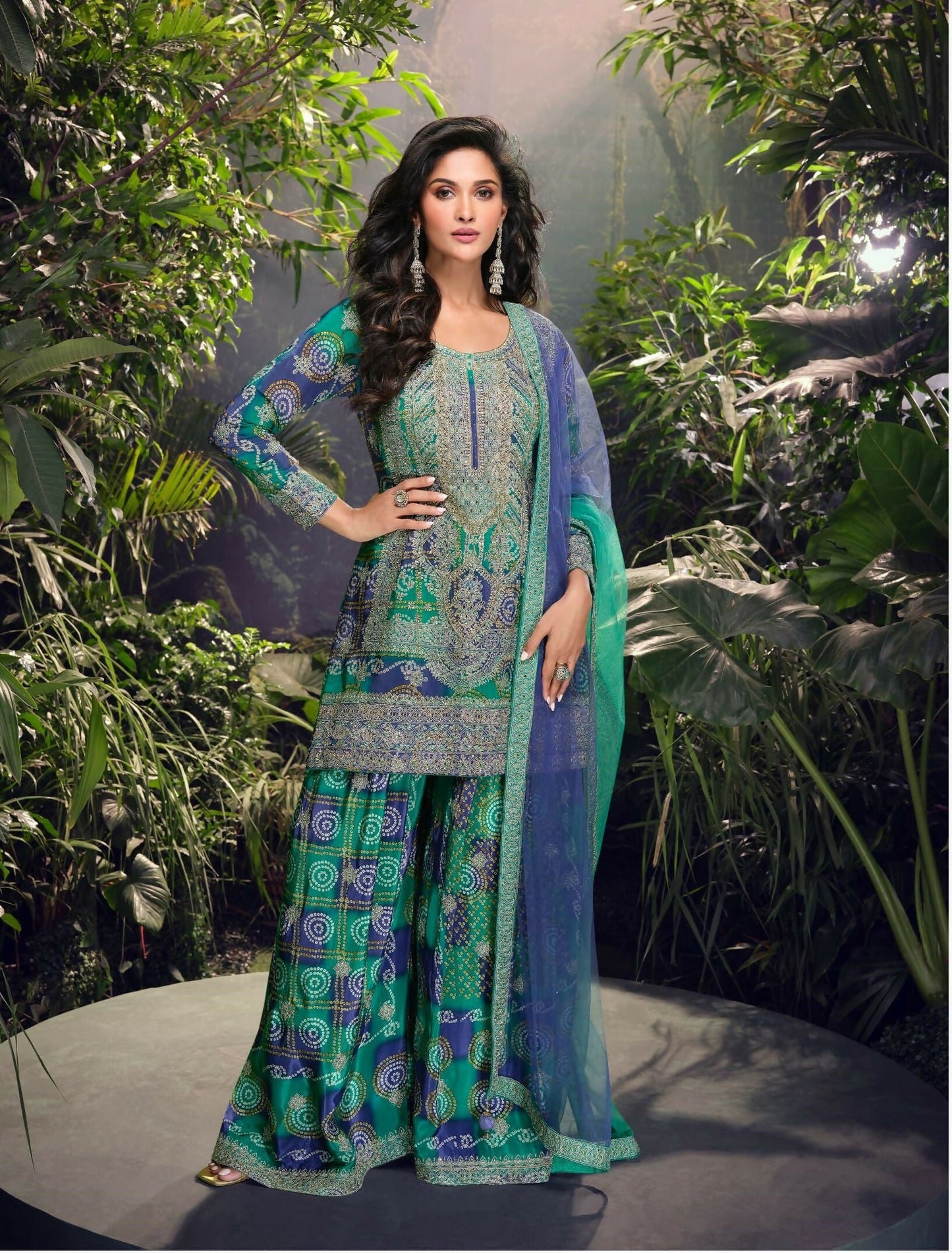 Anaita Blue Chinon Stitched Suit with Embroidery & Sequence Work