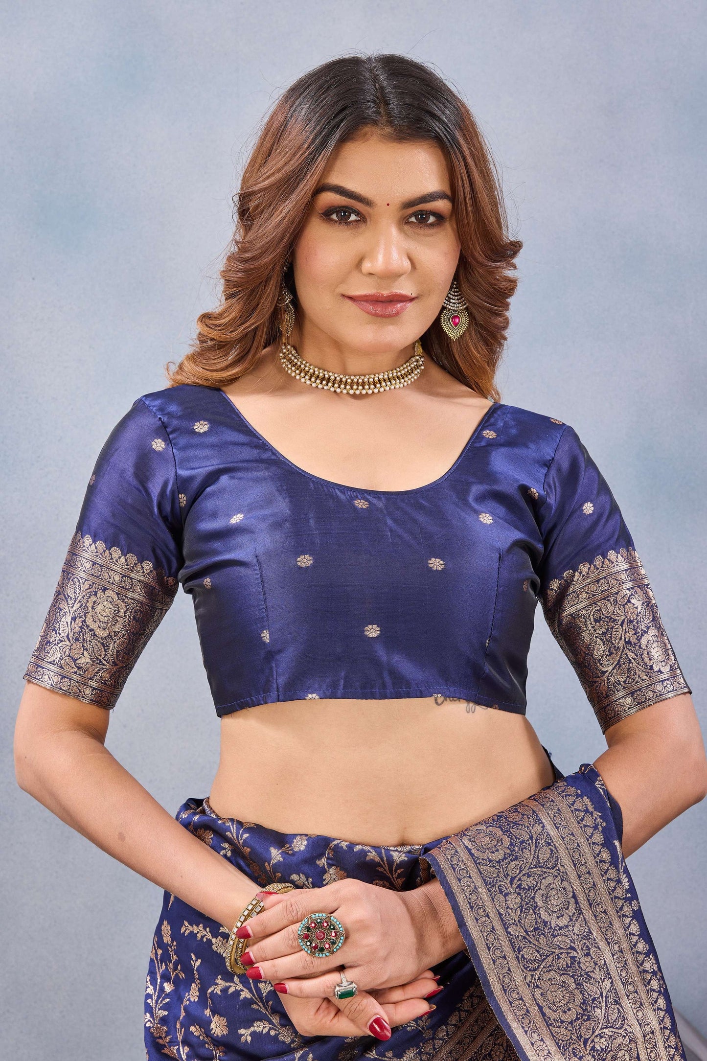 Divine International Trading Co Blue Soft Silk Blend Banarasi Jacuard Work Designer Party Wear Saree With Unstitched Blouse Piece