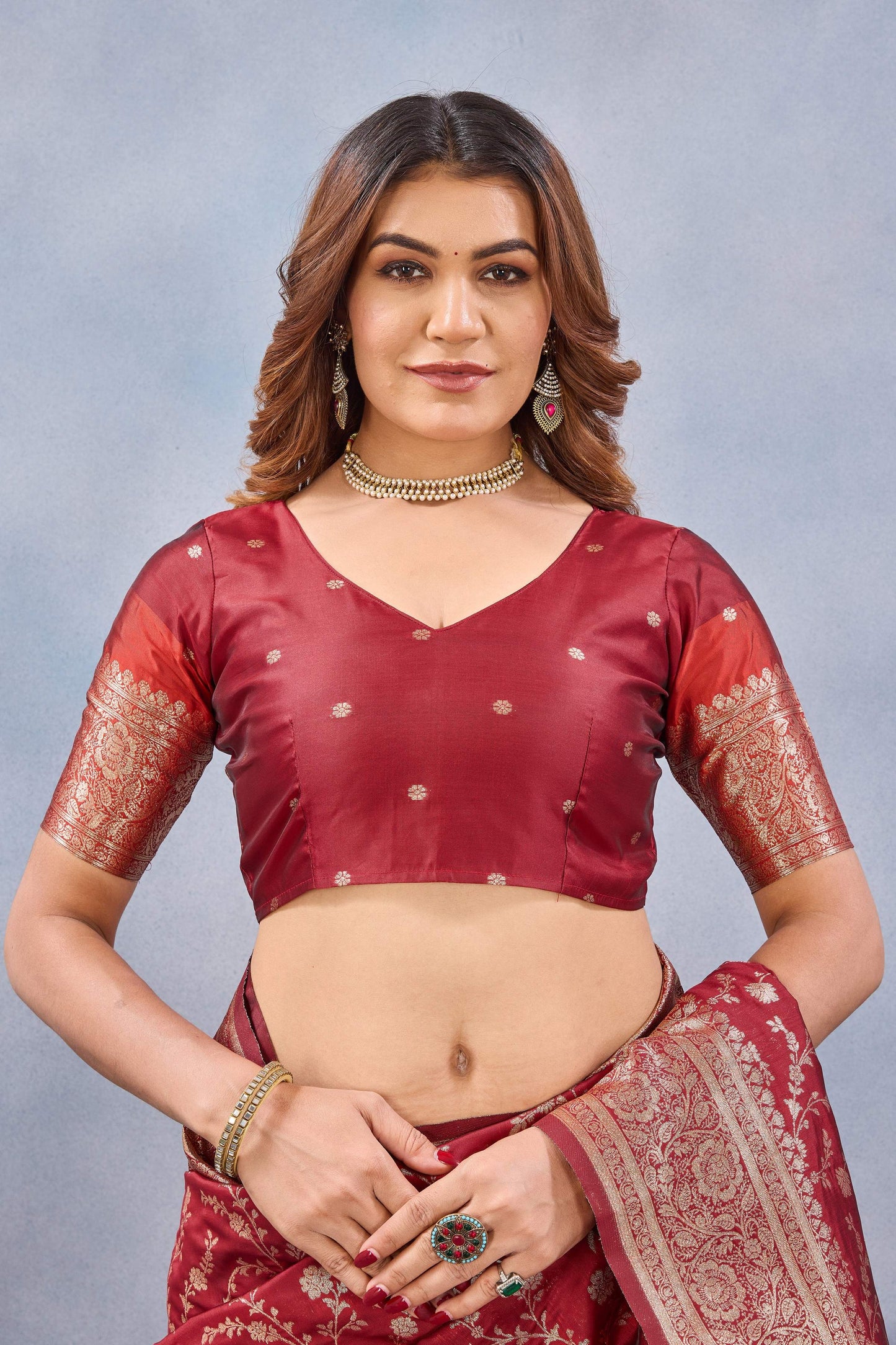 Divine International Trading Co Red Soft Silk Blend Banarasi Jacuard Work Designer Party Wear Saree With Unstitched Blouse Piece