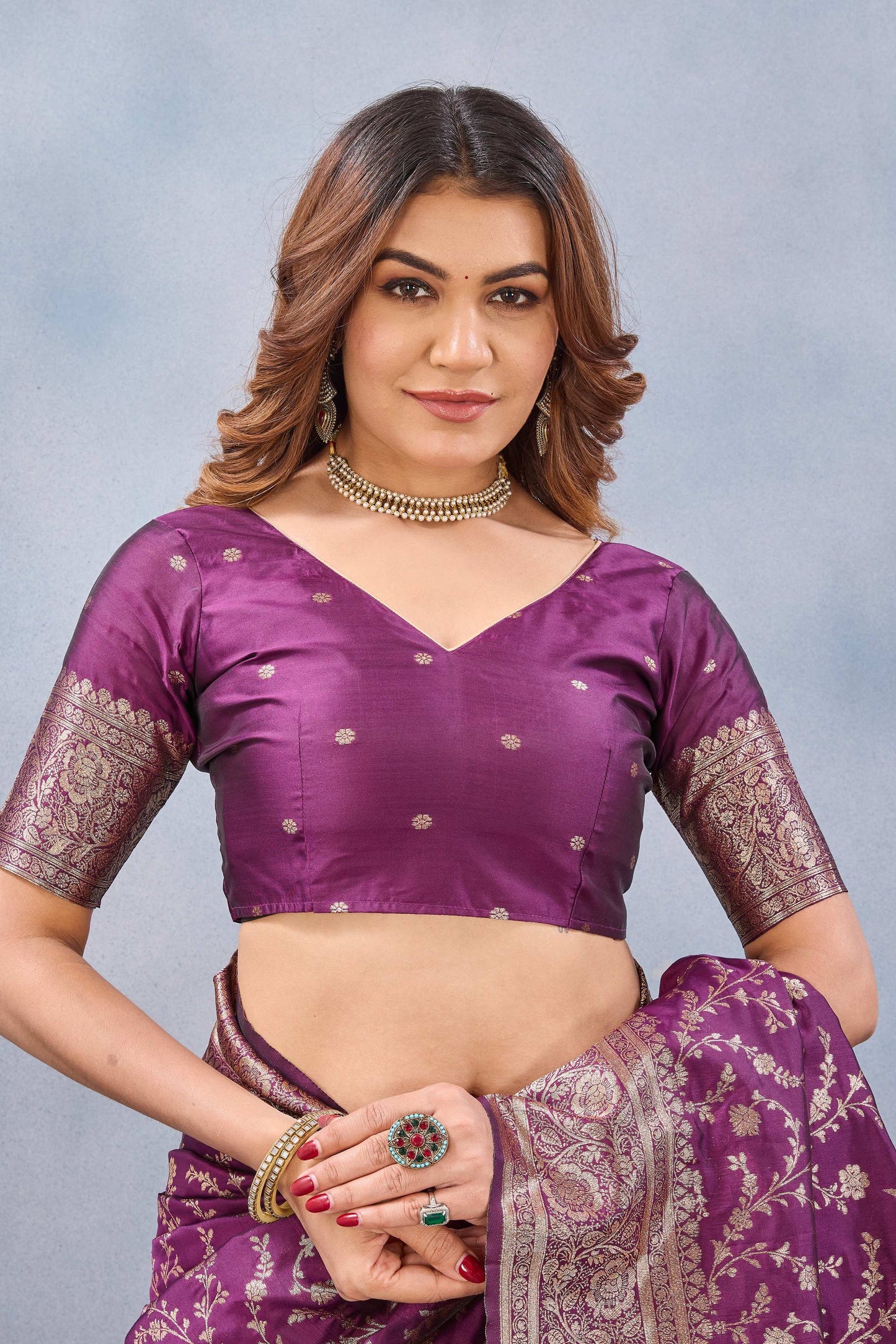 Divine International Trading Co Wine Soft Silk Blend Banarasi Jacuard Work Designer Party Wear Saree With Unstitched Blouse Piece