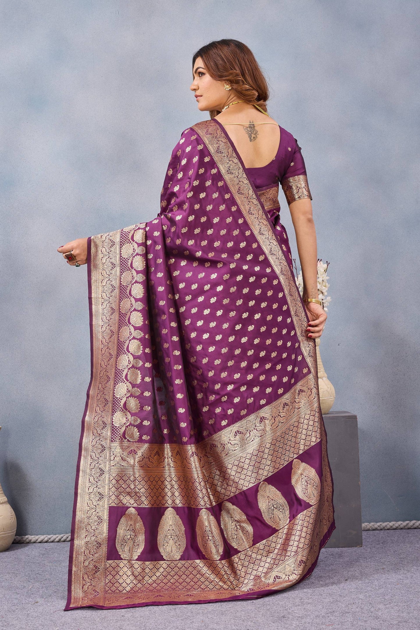 Divine International Trading Co Wine Soft Silk Blend Banarasi Jacuard Work Designer Party Wear Saree With Unstitched Blouse Piece