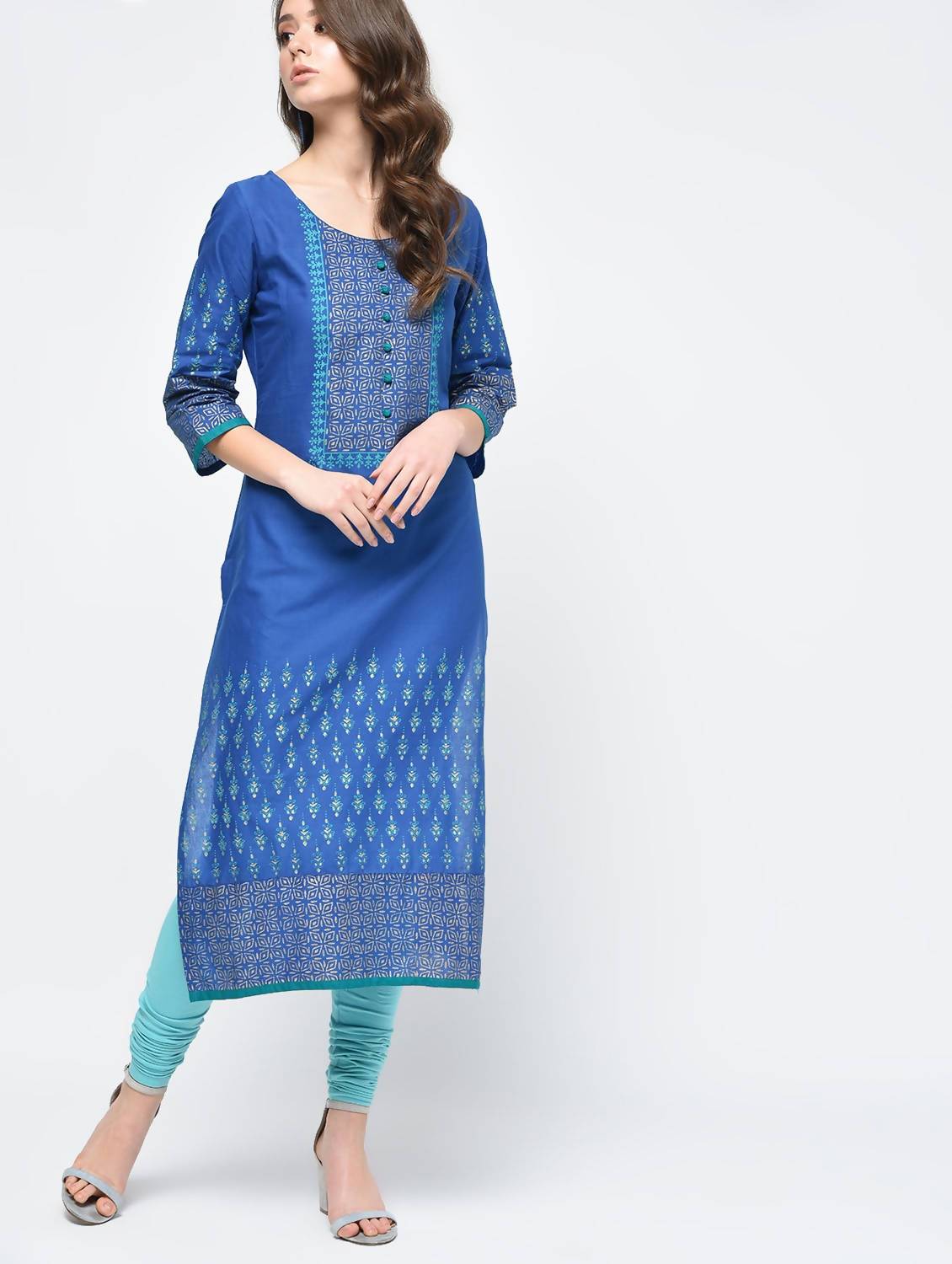 Indian Clothing Cheera Hand Block Print Royal Blue Color Straight Kurta