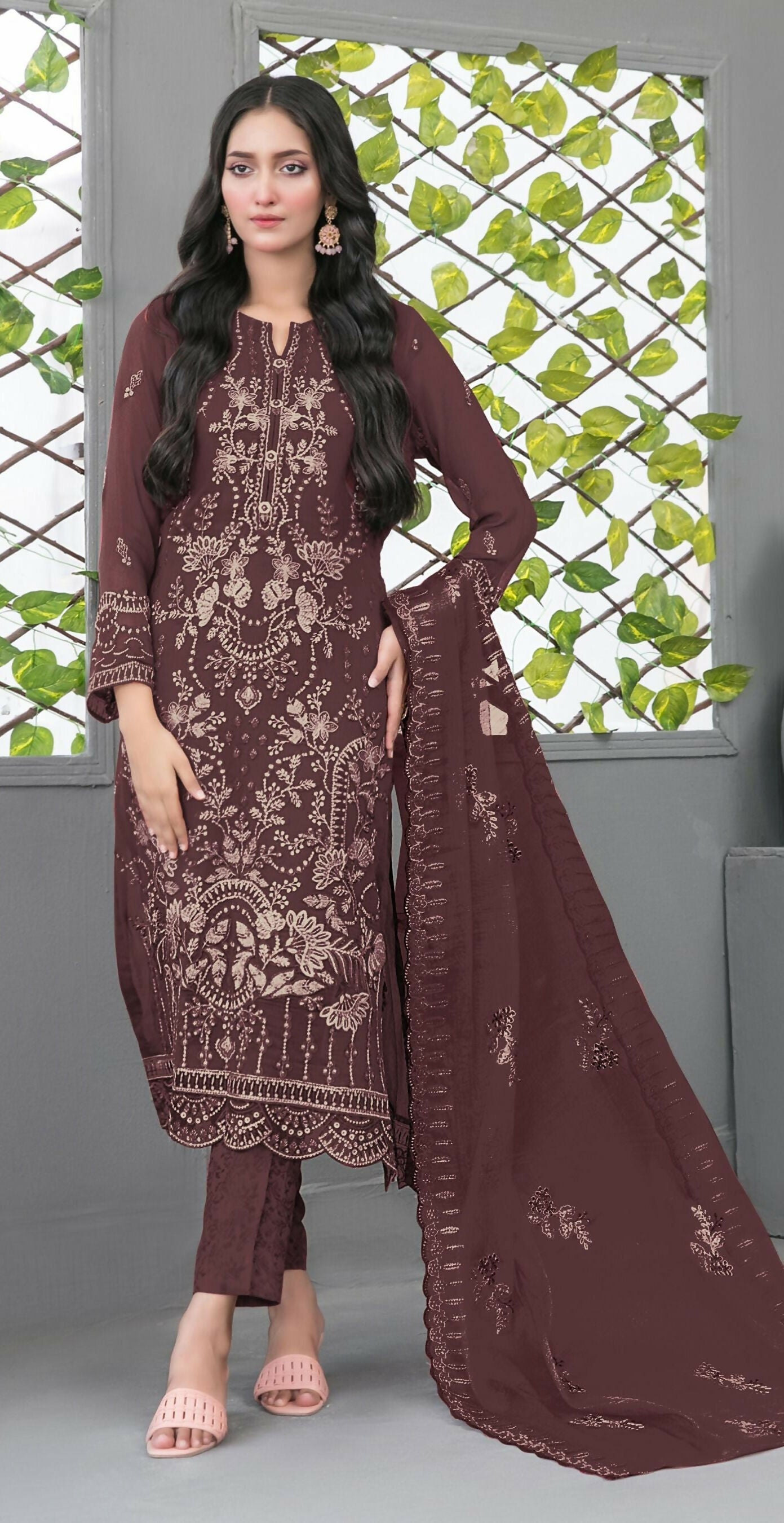 Anaita Maroon Faux Georgette Semi Stitched Suit with Embroidery Sequence Work