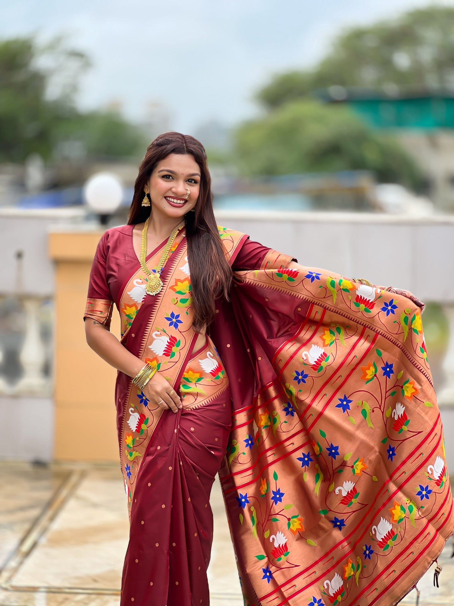 Mameraa Sarees Coffee Faux Banarasi Silk Saree With Paithani Rich Weaved Pallu And Blouse-Maroon