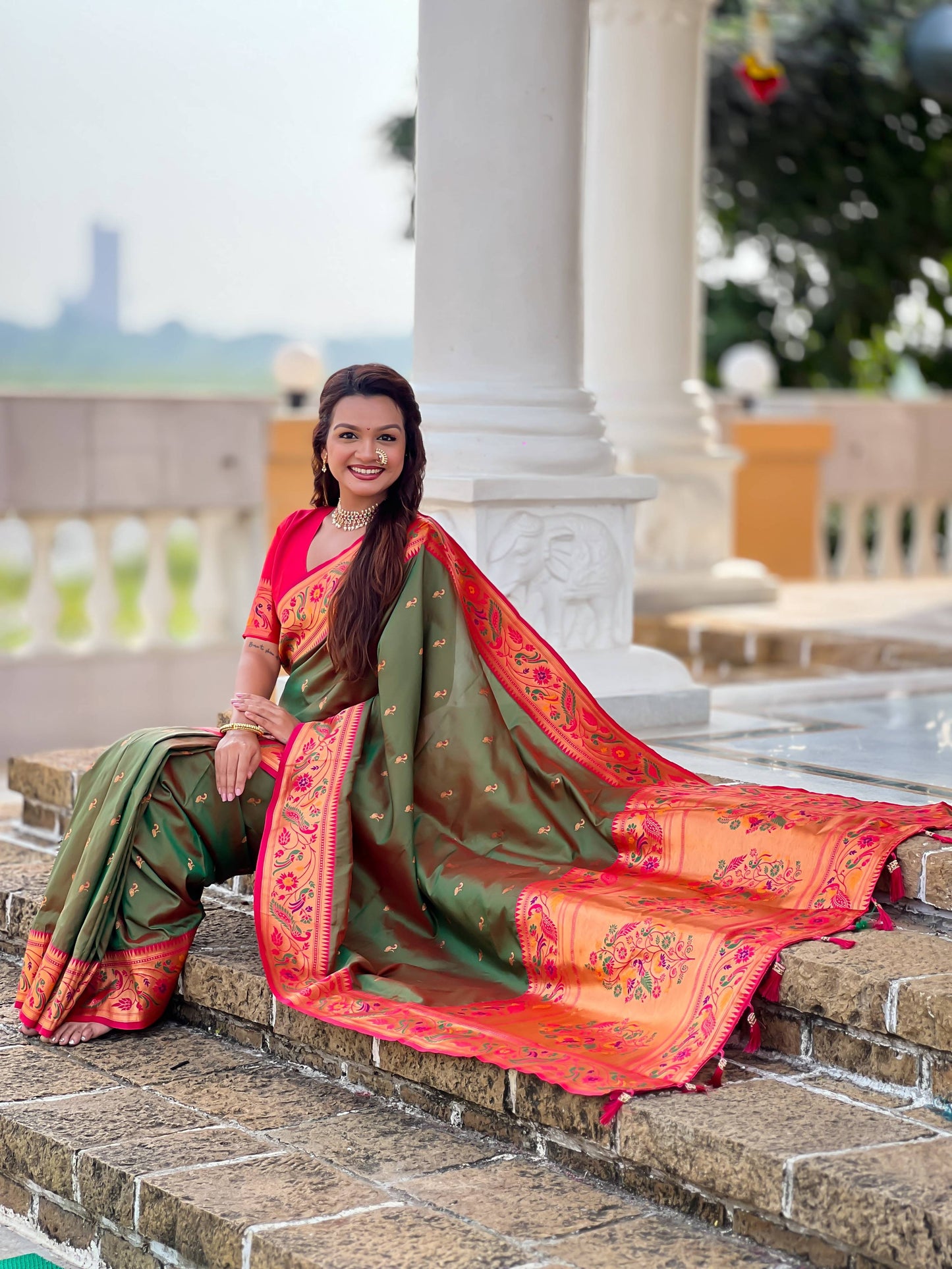 Mameraa Sarees Green Faux Banarasi Silk Saree With Paithani Rich Weaved Pallu And Blouse-Green