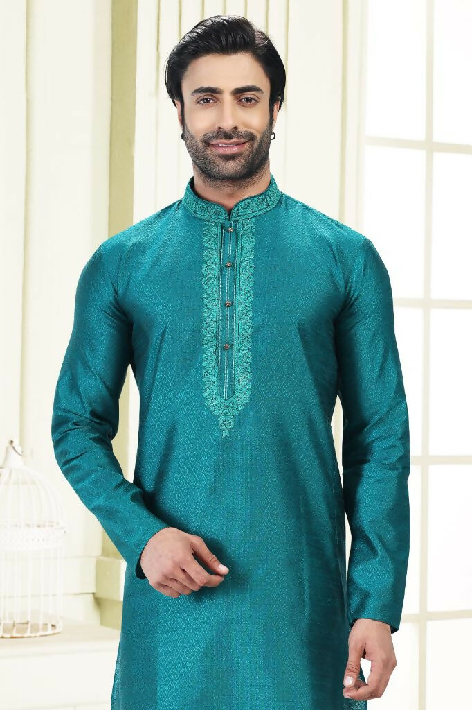 Raivat Ethnic Jacquard Banarasi Silk Thread Work Kurta Pajama In Blue Colour