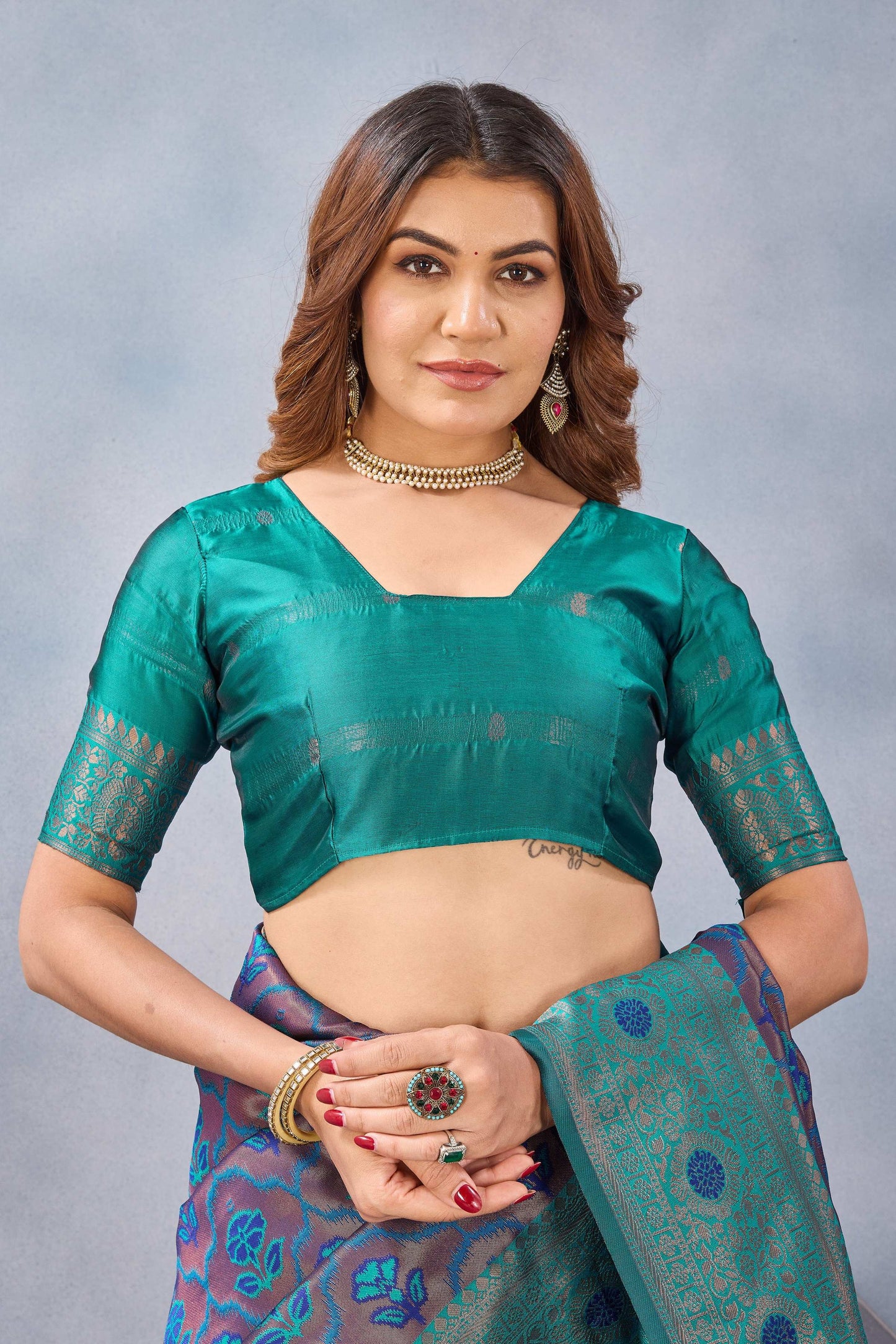 Divine International Trading Co Turquoise Soft Silk Blend Banarasi Jacuard Work Designer Party Wear Saree With Unstitched Blouse Piece
