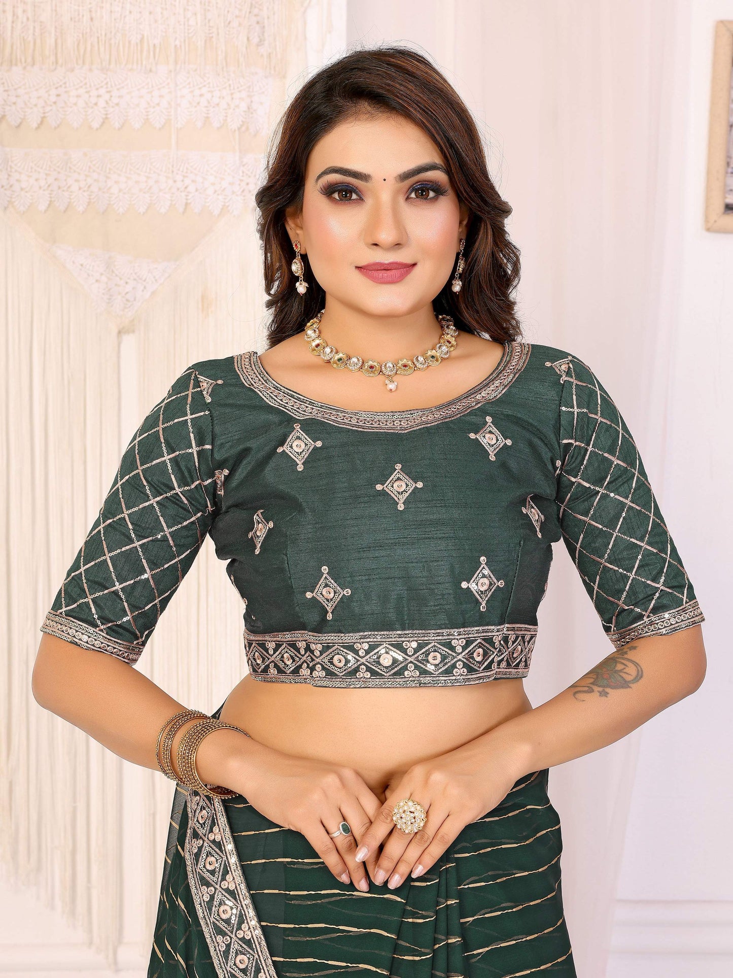 Vedant Vastram Georgette Embroidered & Sequin work Bollywood Fancy Saree - Green