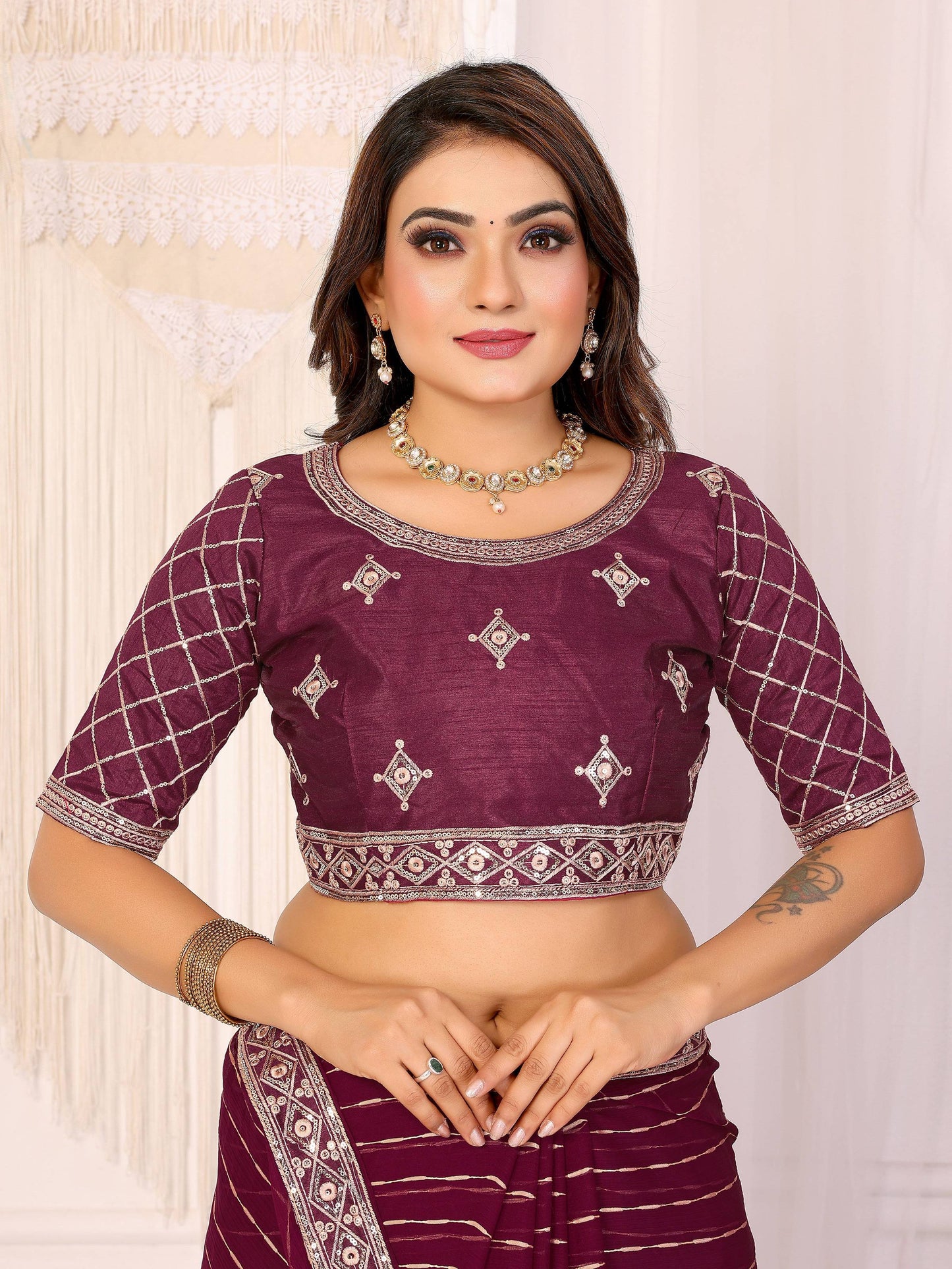 Vedant Vastram Georgette Embroidered & Sequin work Bollywood Fancy Saree - Wine