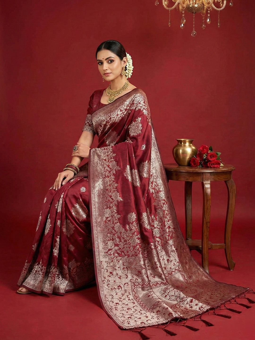 Anaita Maroon Silk Blend Woven Saree With Blouse