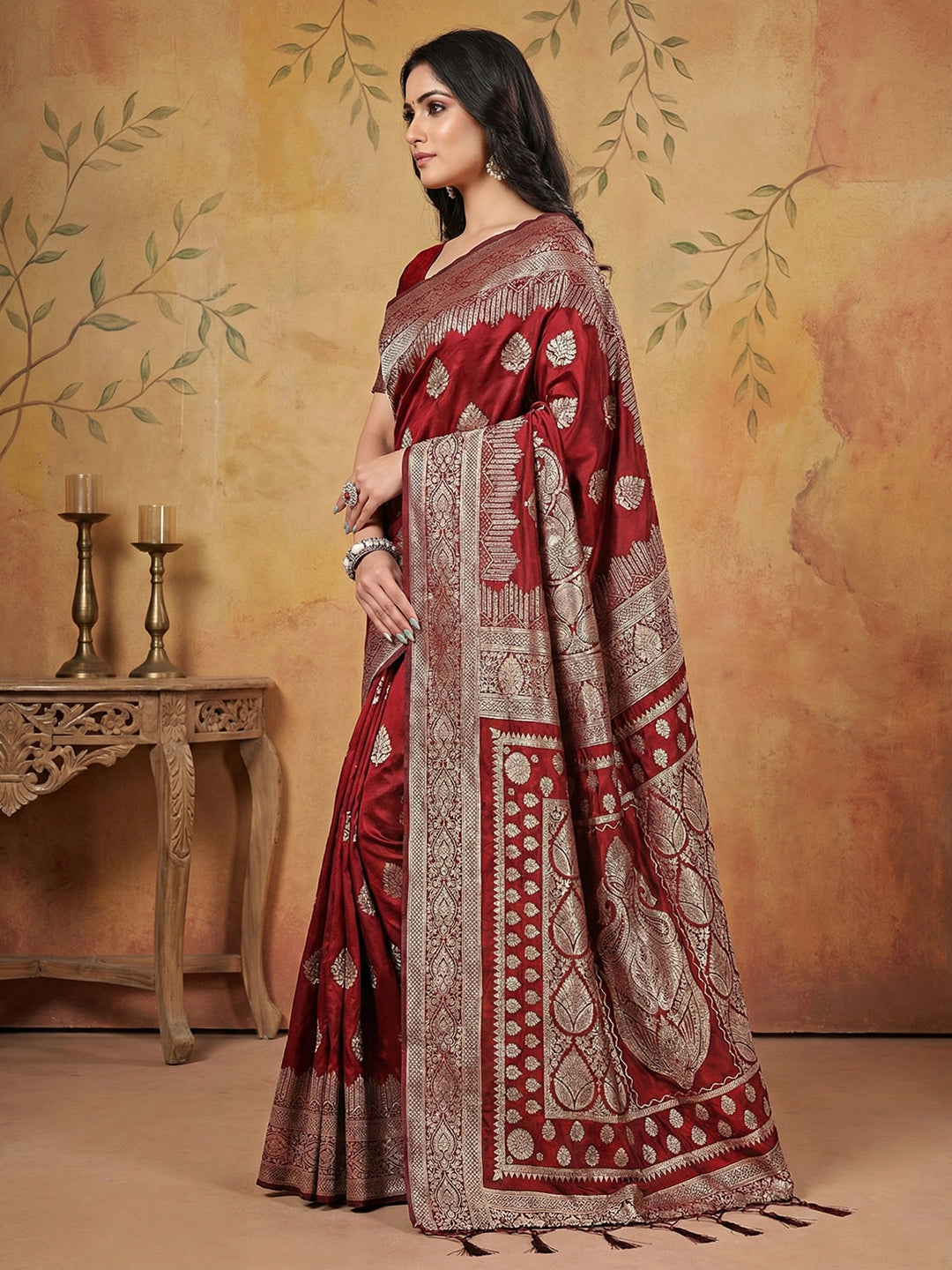 Anaita Maroon Silk Blend Woven Saree With Blouse
