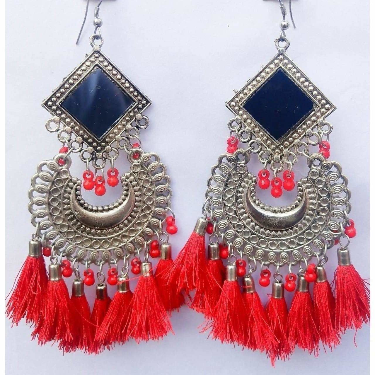 MS Fashion India Latest Trendy Chandbali Red Pearls And Threads Long Mirror Half Moon Silver Tone Earrings