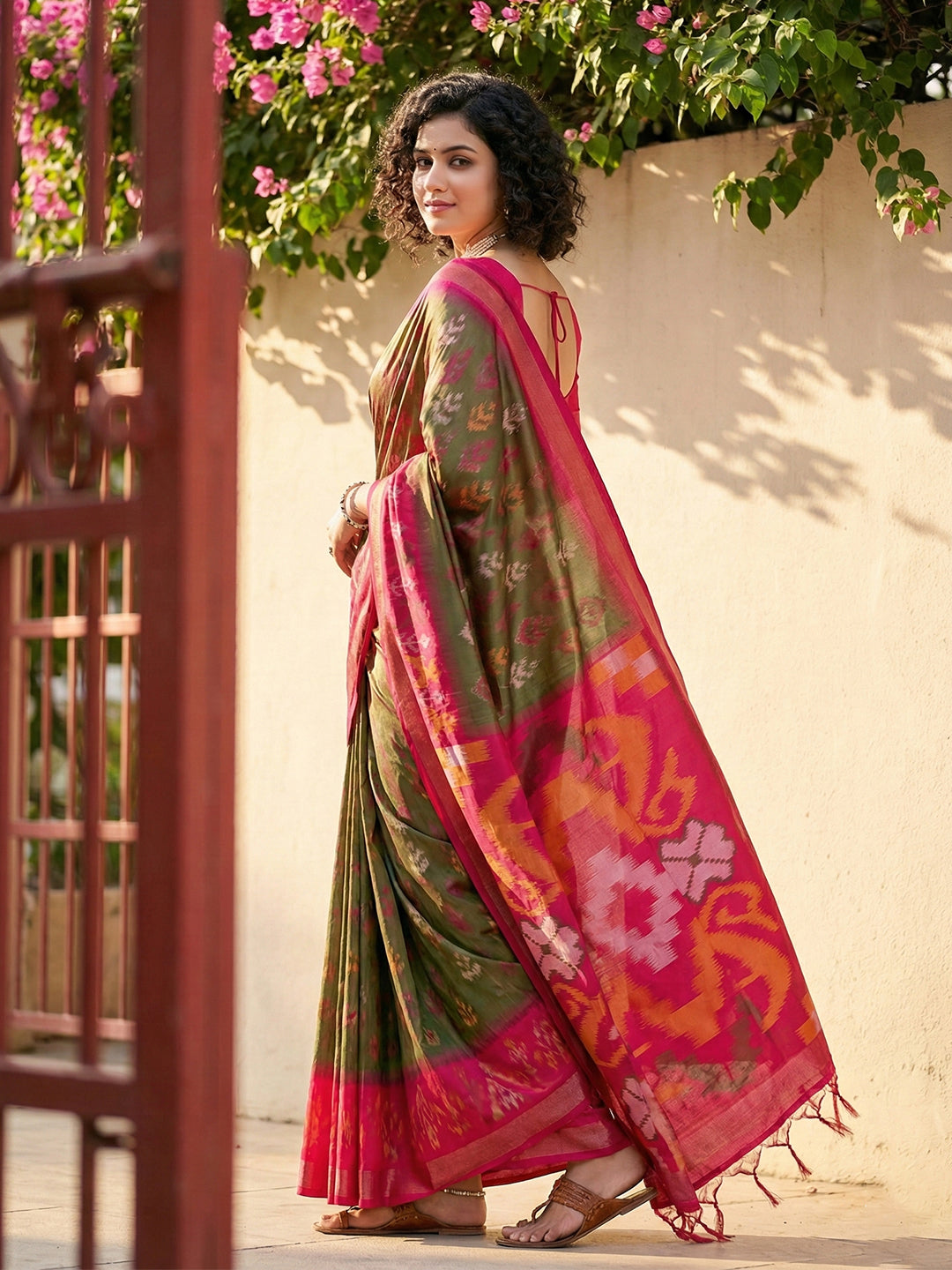 Anaita Mehendi Pochampally Printed Saree With Blouse