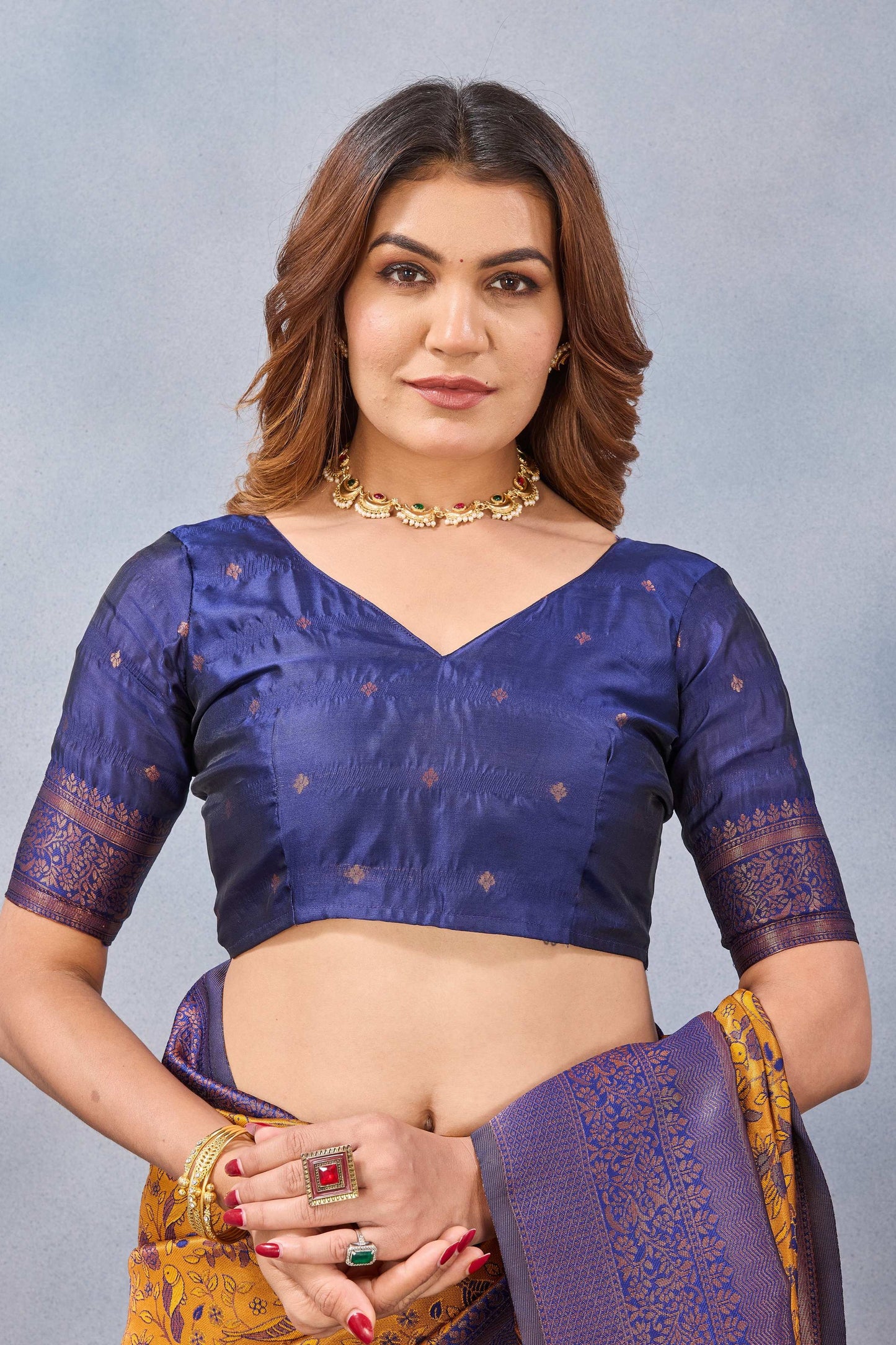 Divine International Trading Co Mustard Blue Soft Silk Blend Banarasi Jacuard Work Designer Party Wear Saree With Unstitched Blouse Piece