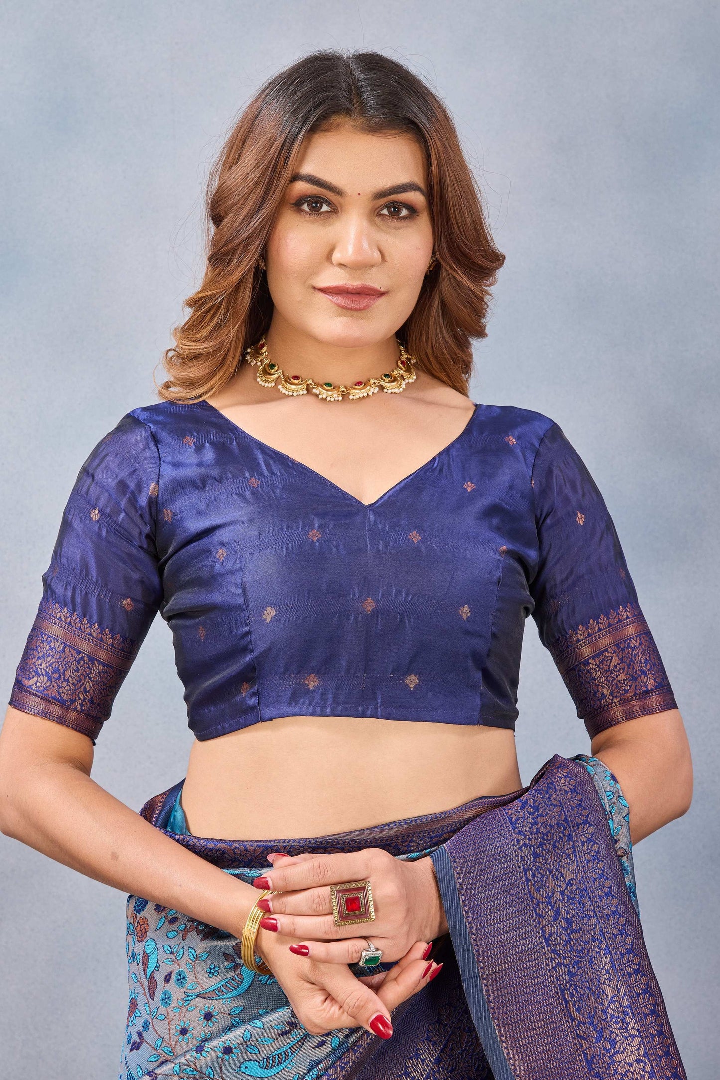 Divine International Trading Co Turquoise Soft Silk Blend Banarasi Jacuard Work Designer Party Wear Saree With Unstitched Blouse Piece