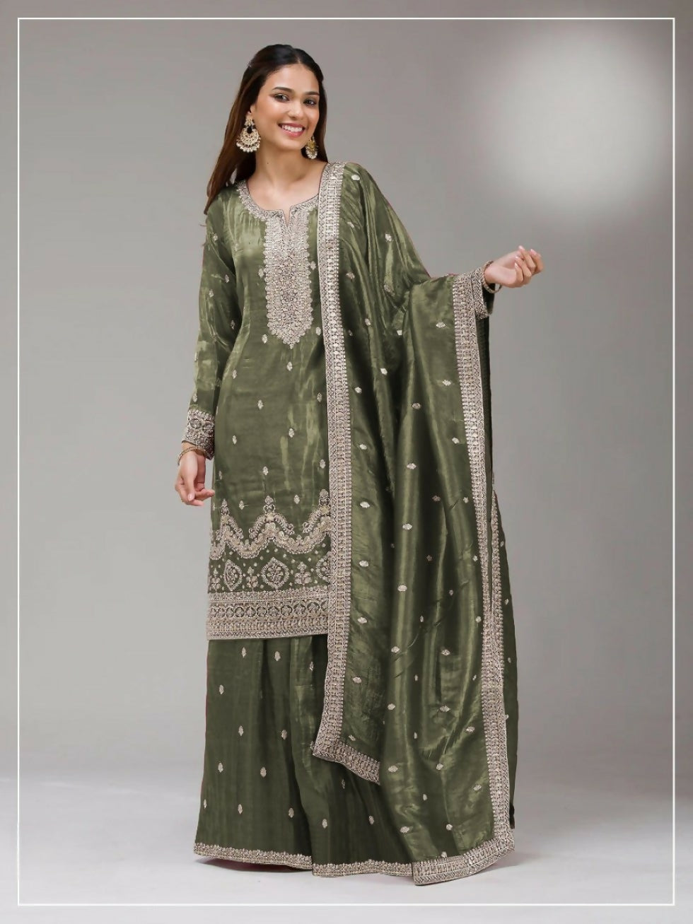 Anaita Green Gold Crush Stitched Suit with Embroidery & Sequins Work