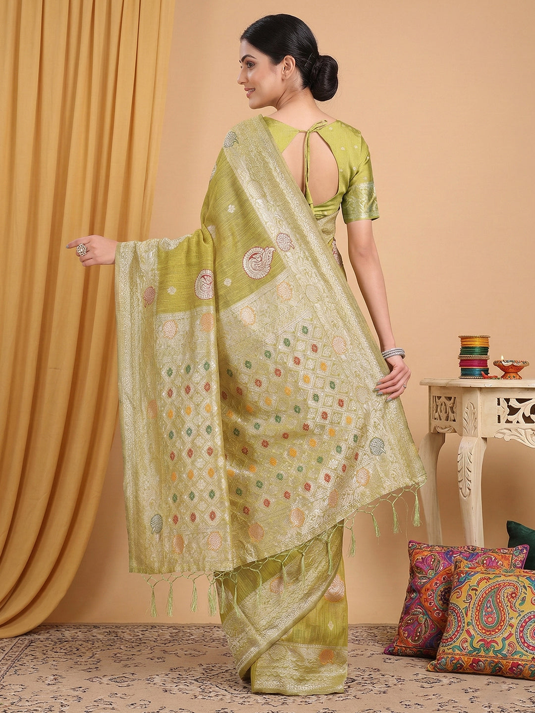 Anaita Mustard Linen Woven Work Saree With Blouse