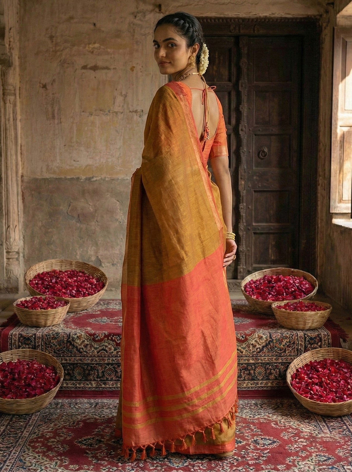 Anaita Mustard Cotton Printed Saree With Blouse