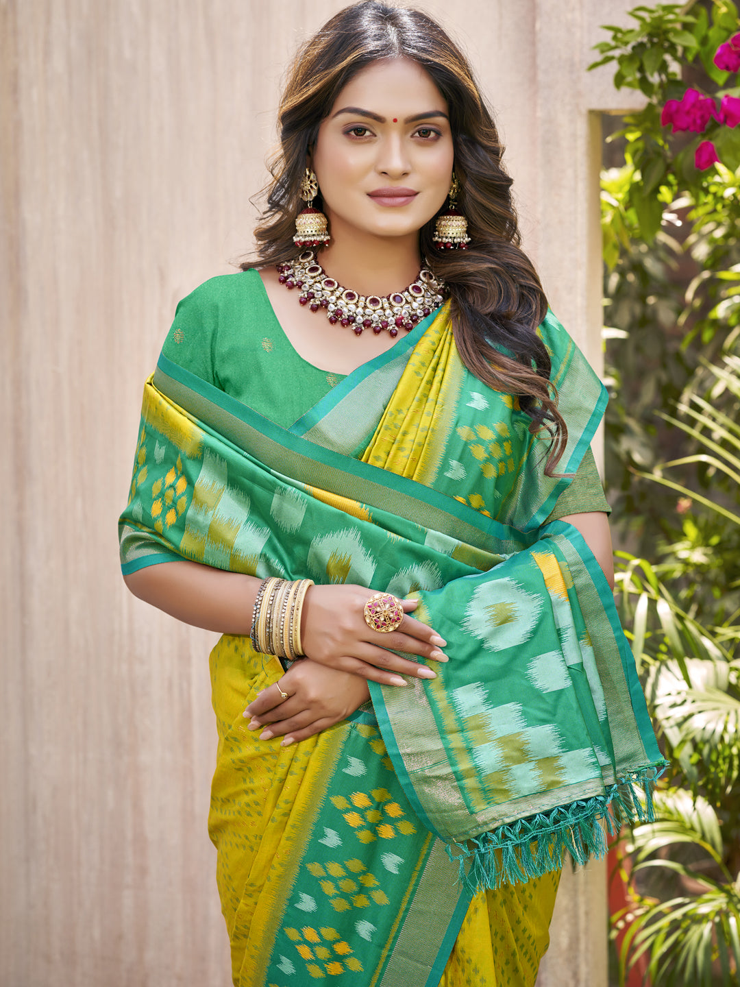 Anaita Mustard Pochampally Silk Saree With Floral Printed Work With Blouse