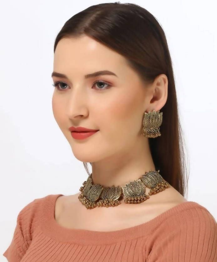 Mominos Fashion Oxidised Lotus Design Golden Color Necklace Choker Set