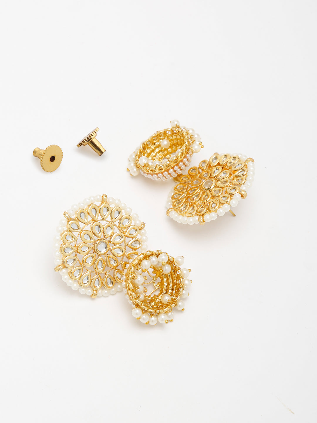 Gold White Kundan Studded Dome Shaped Jhumka Earrings - Ruby Raang