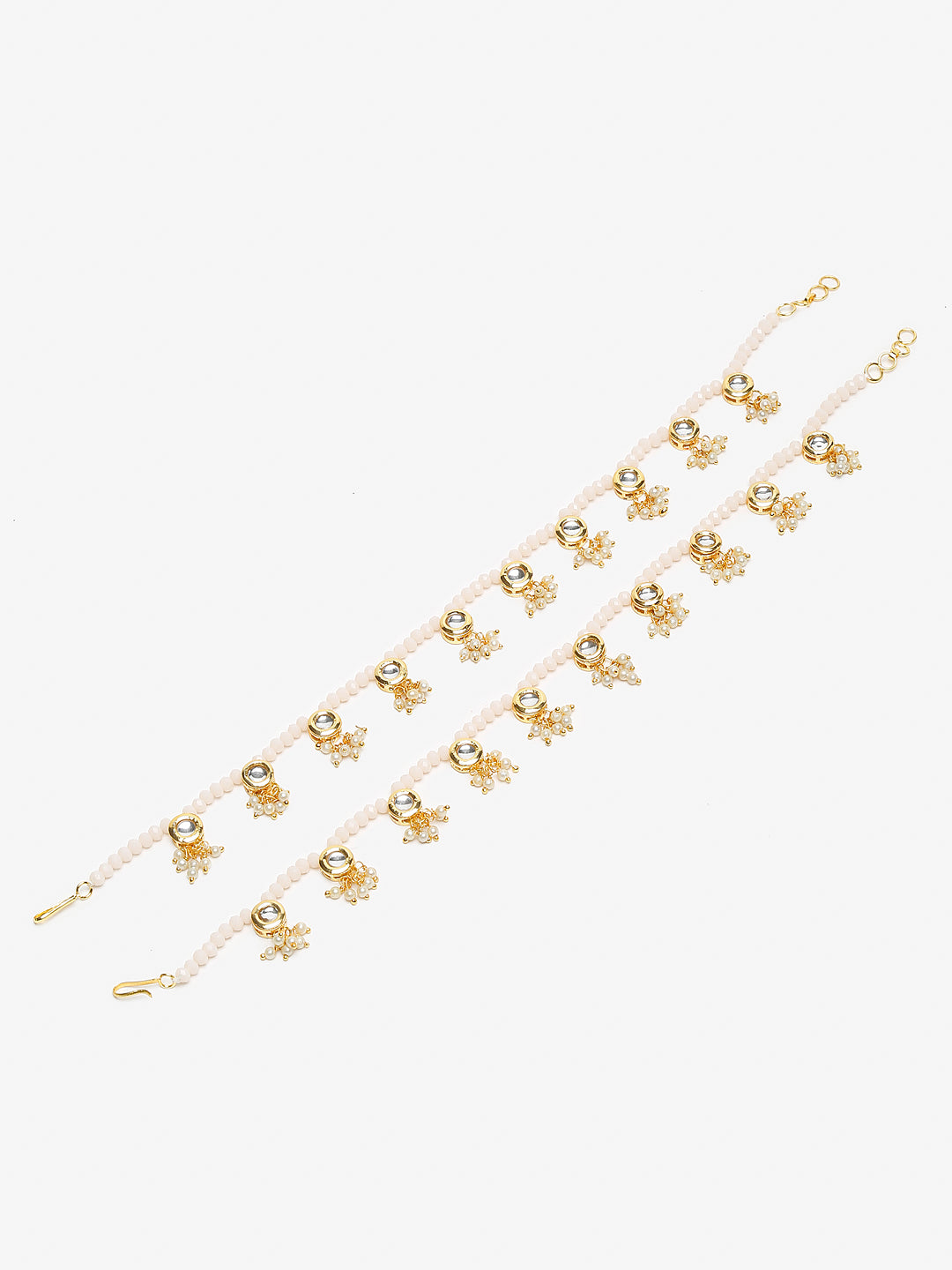 Gold-Polished White Handcrafted Kundan Set Of 2-Studded Beaded Anklets - Ruby Raang