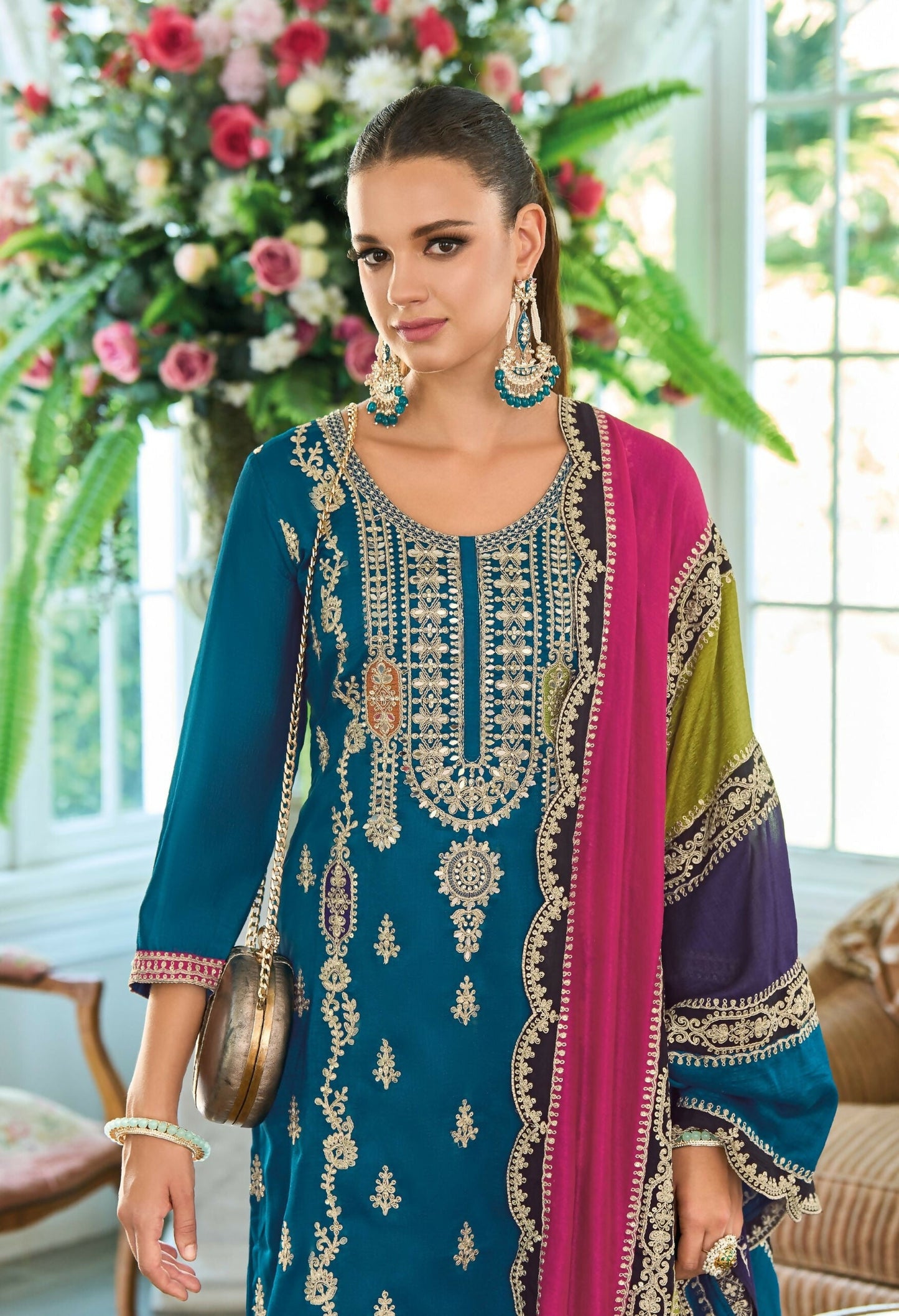 Anaita Teal Premium Embroidered Chinon Stitched Salwar Suit